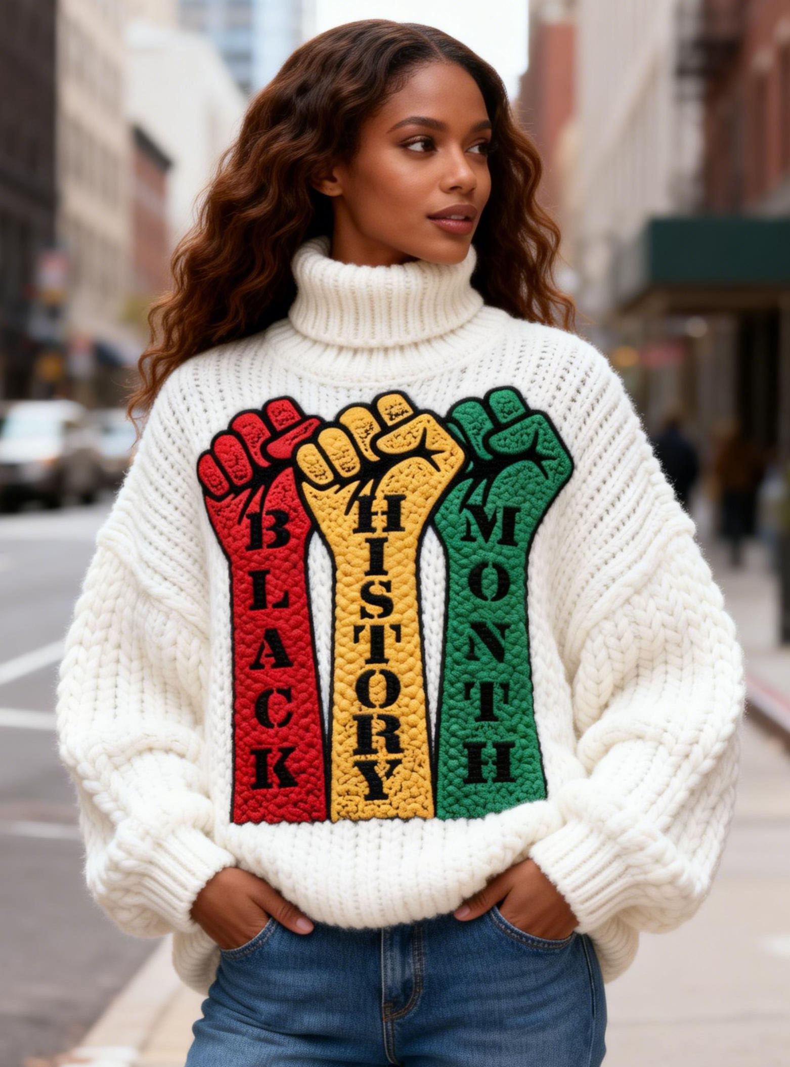 Women's Three Fists Embroidery Black History Month Oversized Chunky Knit Turtleneck Sweater