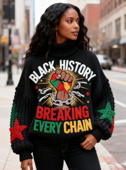 Women's Fist & Chain "Breaking Every Chain" Black History Month Chunky Knit Turtleneck Sweater