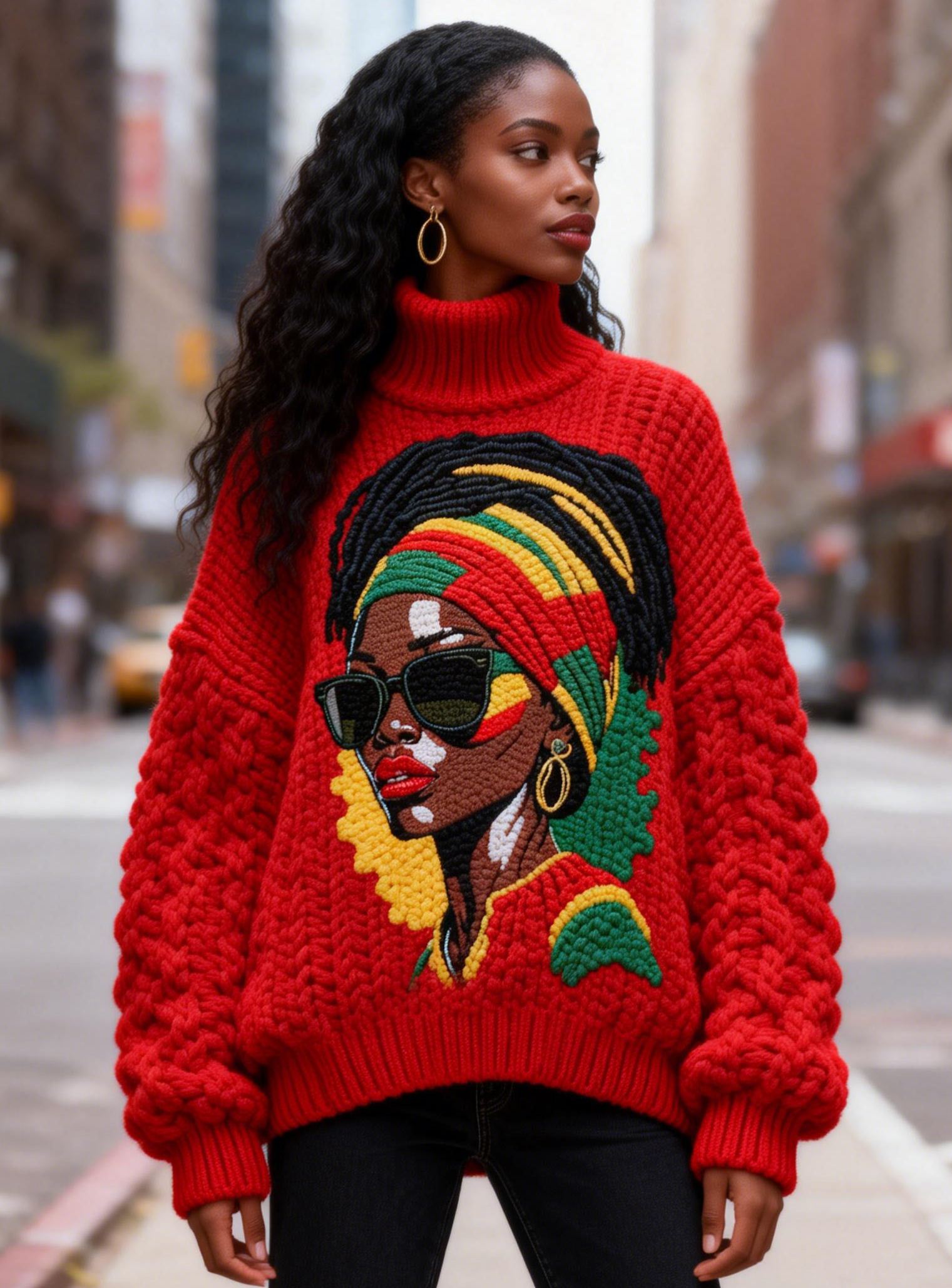 Women's Black History African Queen Sunglasses Embroidery Oversized Chunky Knit Turtleneck Sweater