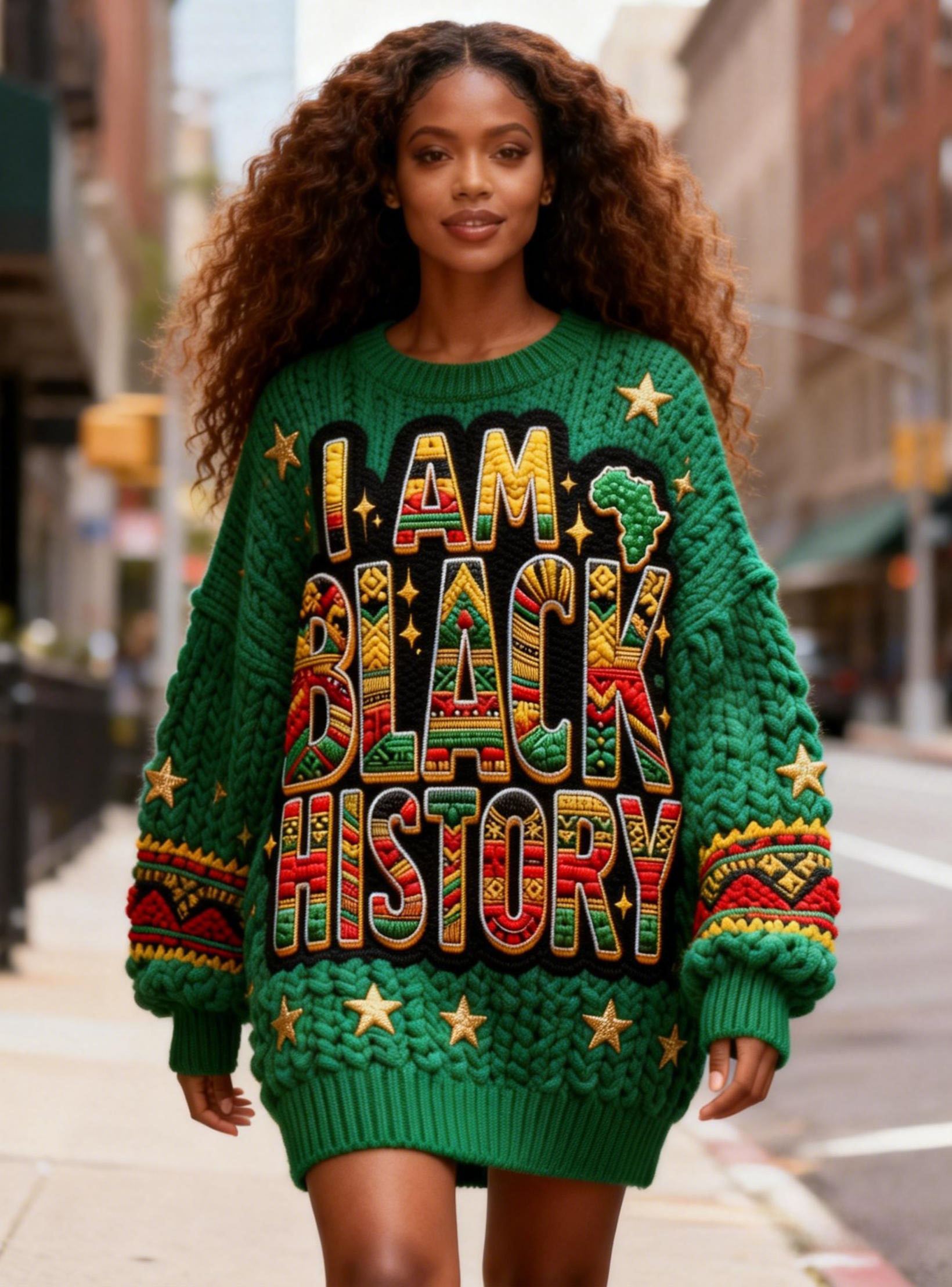 Women's "I Am Black History" Africa Map & Star Embroidery Oversized Chunky Knit Sweater Dress