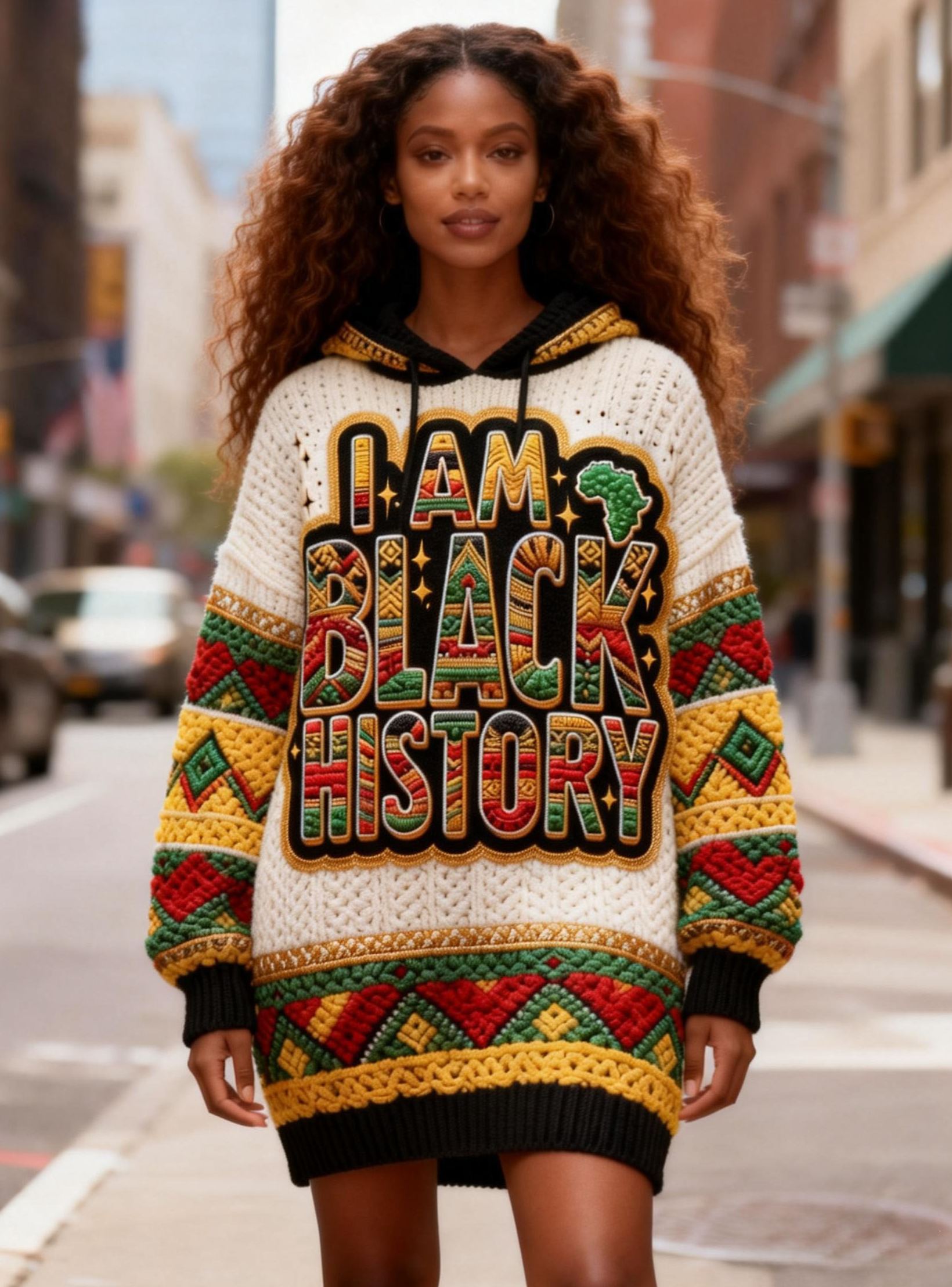 Women's "I Am Black History" Africa Map Pattern Oversized Hooded Chunky Knit Sweater Dress