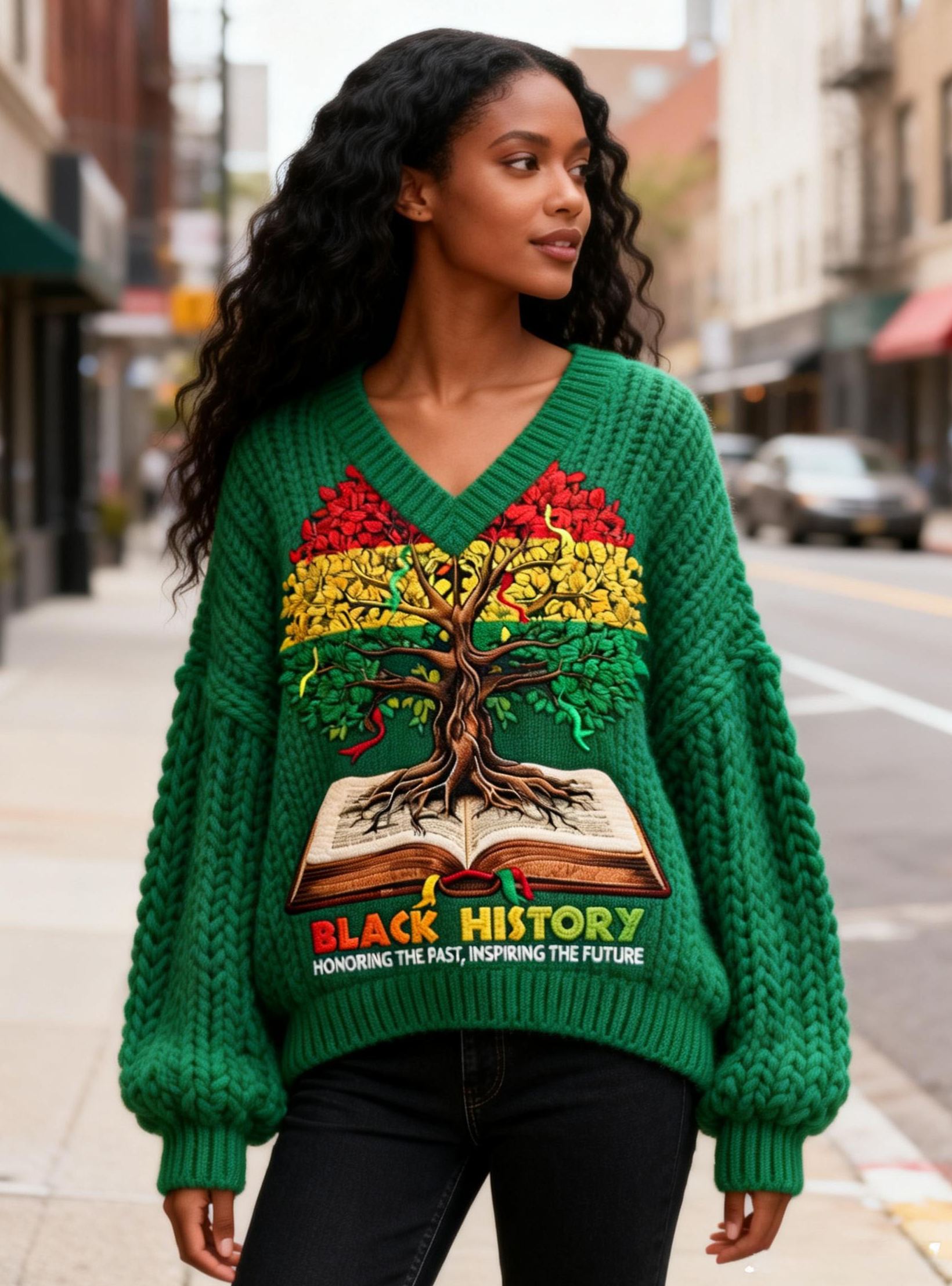 Women's Black History Tree & Book Embroidery Chunky Knit V-Neck Sweater
