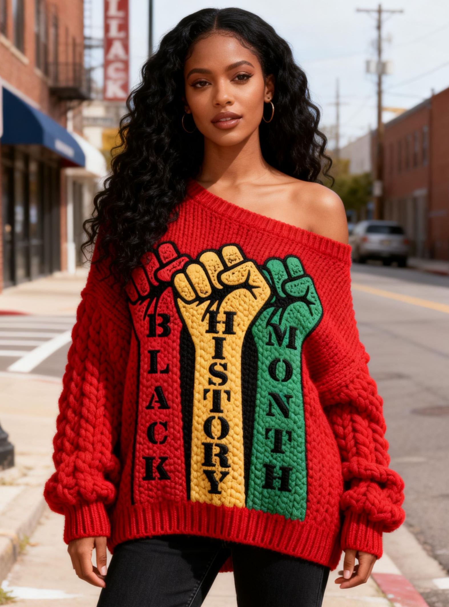Women's Black History Month Three Fists Embroidery Off-Shoulder Chunky Knit Sweater