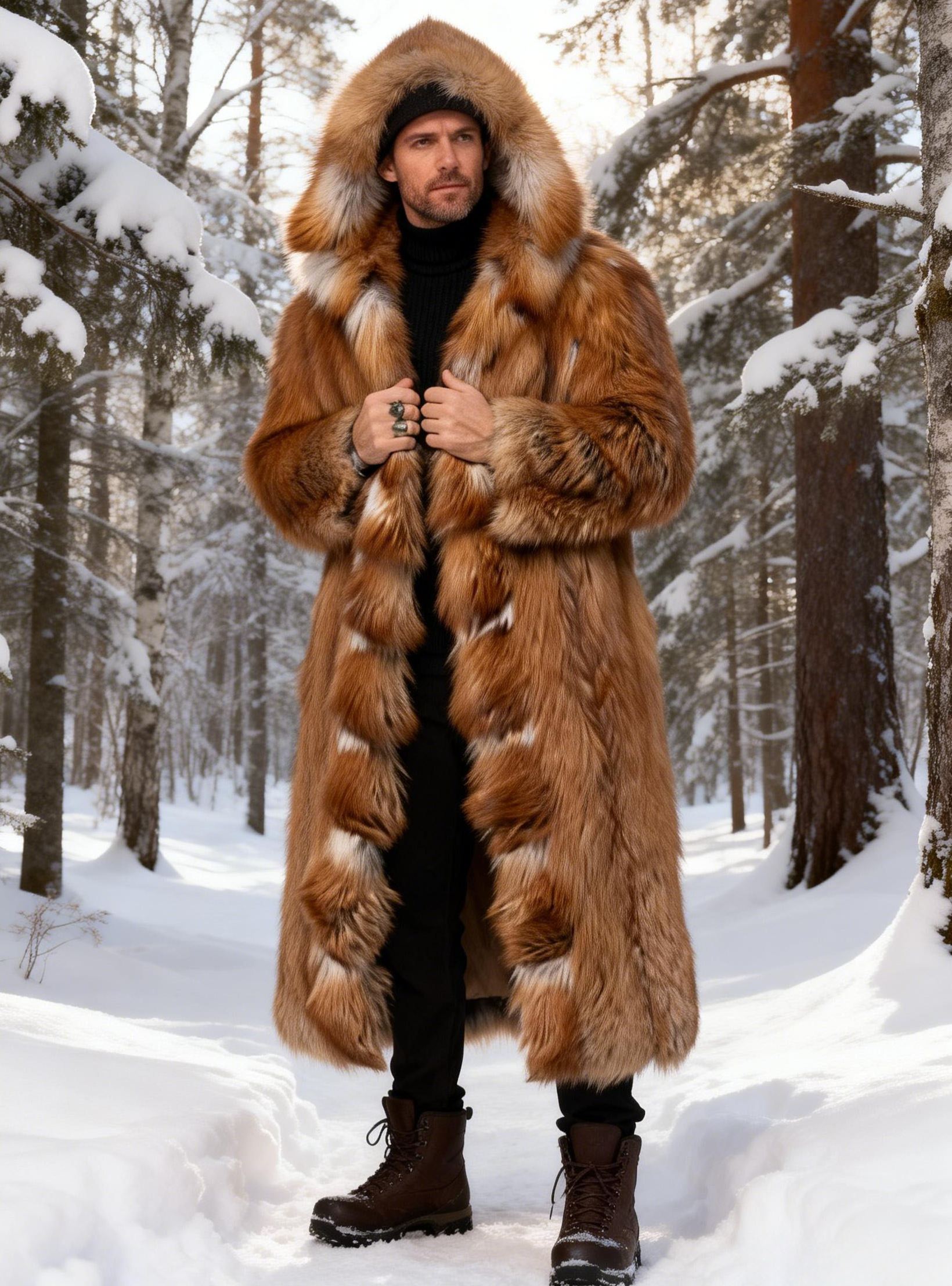Men's Thick Warm Winter Fox Fur Hooded Coat