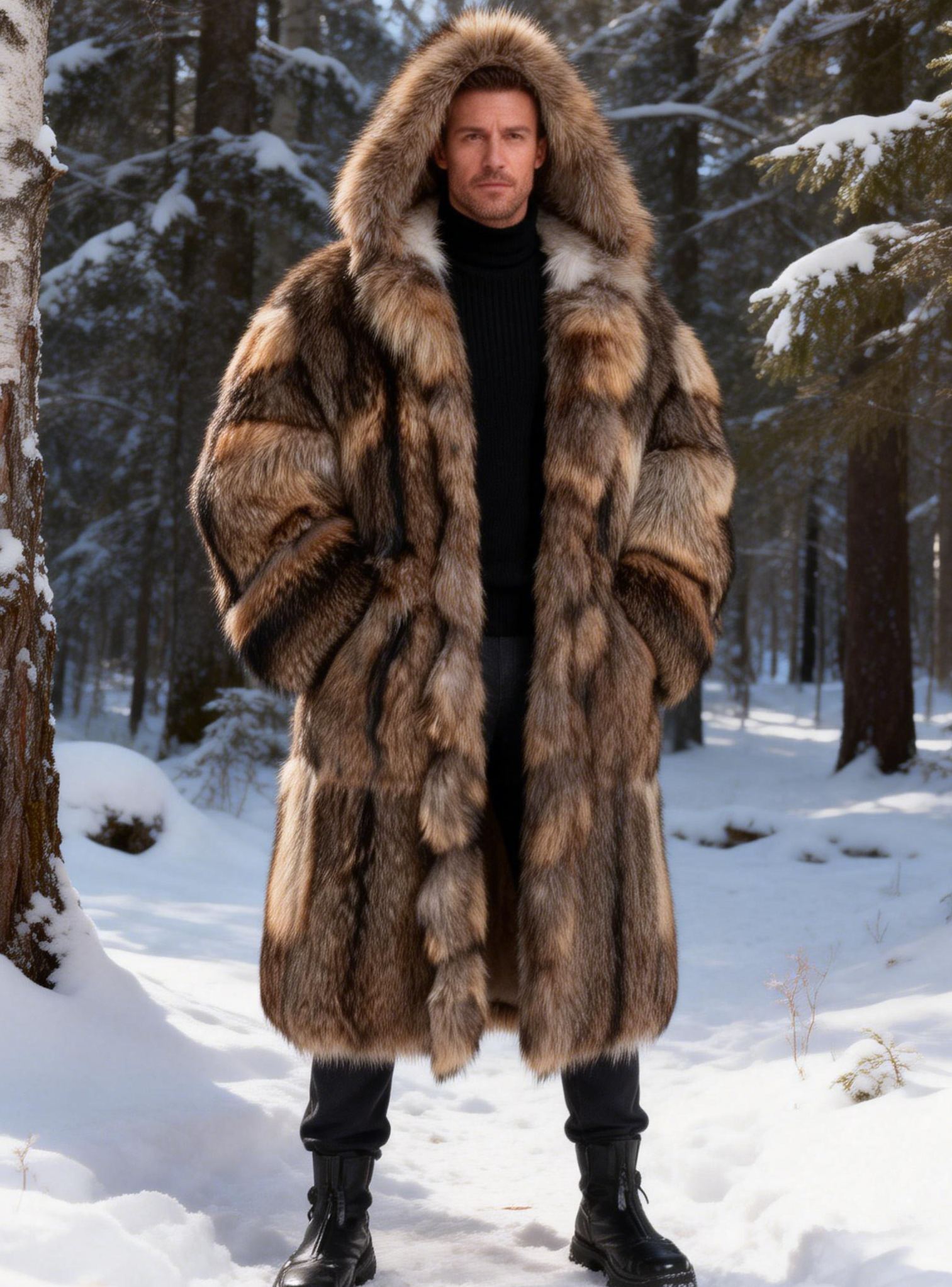 Men's Winter Heavy Warm Patchwork Fox Fur Hooded Coat