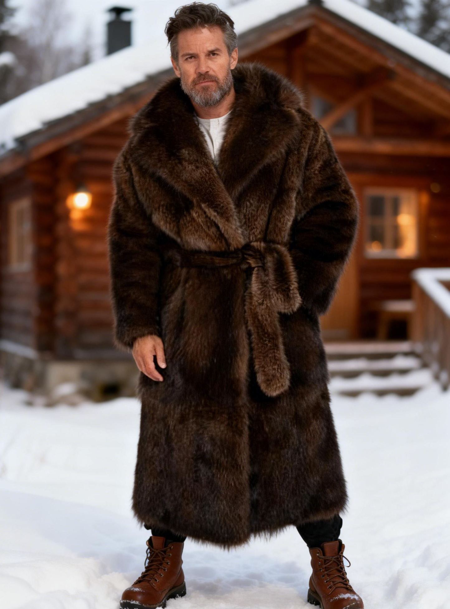 Men's Luxury Warm Belted Dark Brown Fox Fur Long Coat 