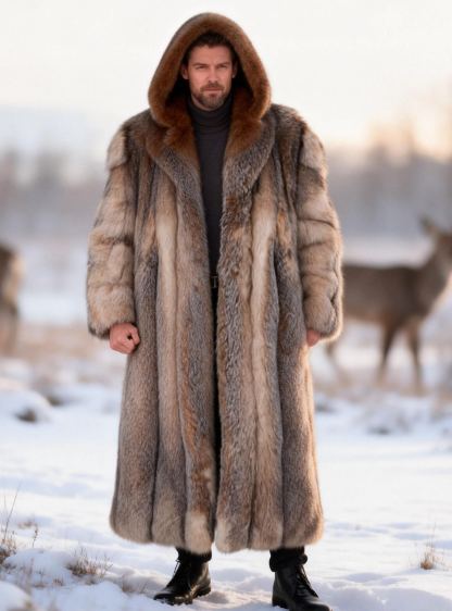 Men's Gradient Brown & Gray Fox Fur Long Hooded Coat
