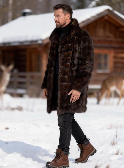 Men's Stylish Warm Dark Brown Quilted Fox Fur Coat