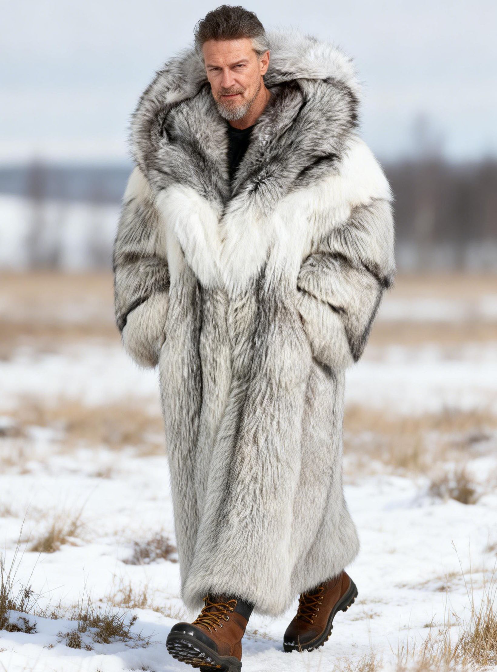 Men's Winter Heavy Warm Silver & White Fox Fur Hooded Coat 