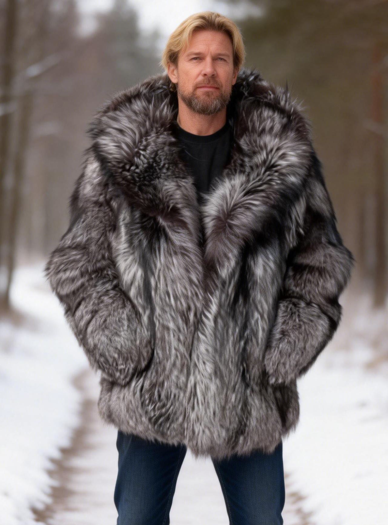 Men's Silver & Black Oversized Collar Fox Fur Coat