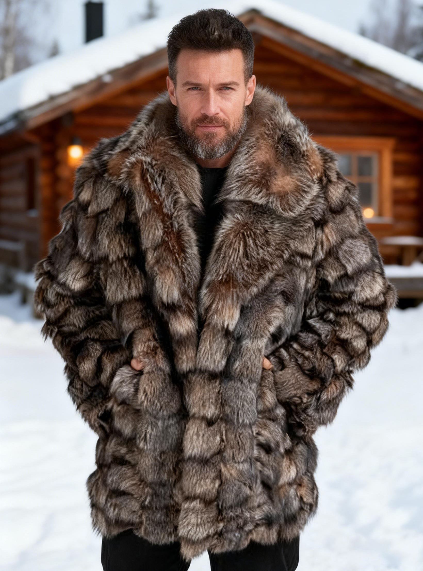 Men's Brown & Gray Quilted Fox Fur Coat