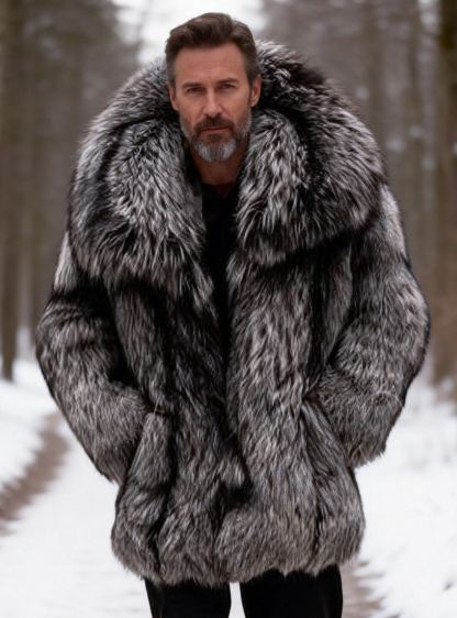 Men's Winter Silver & Black Large Collar Fox Fur Coat