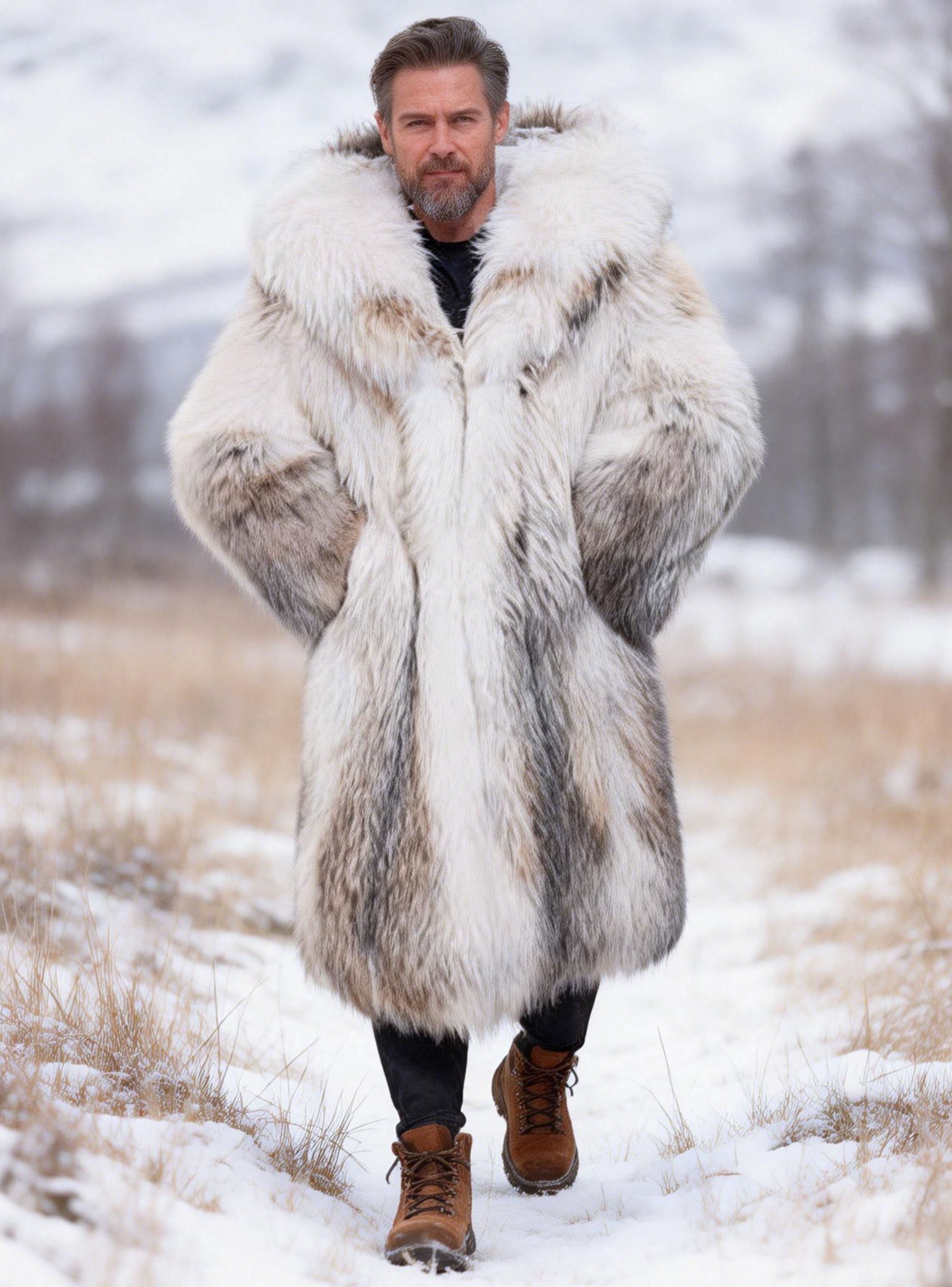 Men's White & Gray Gradient Hooded Fox Fur Long Coat