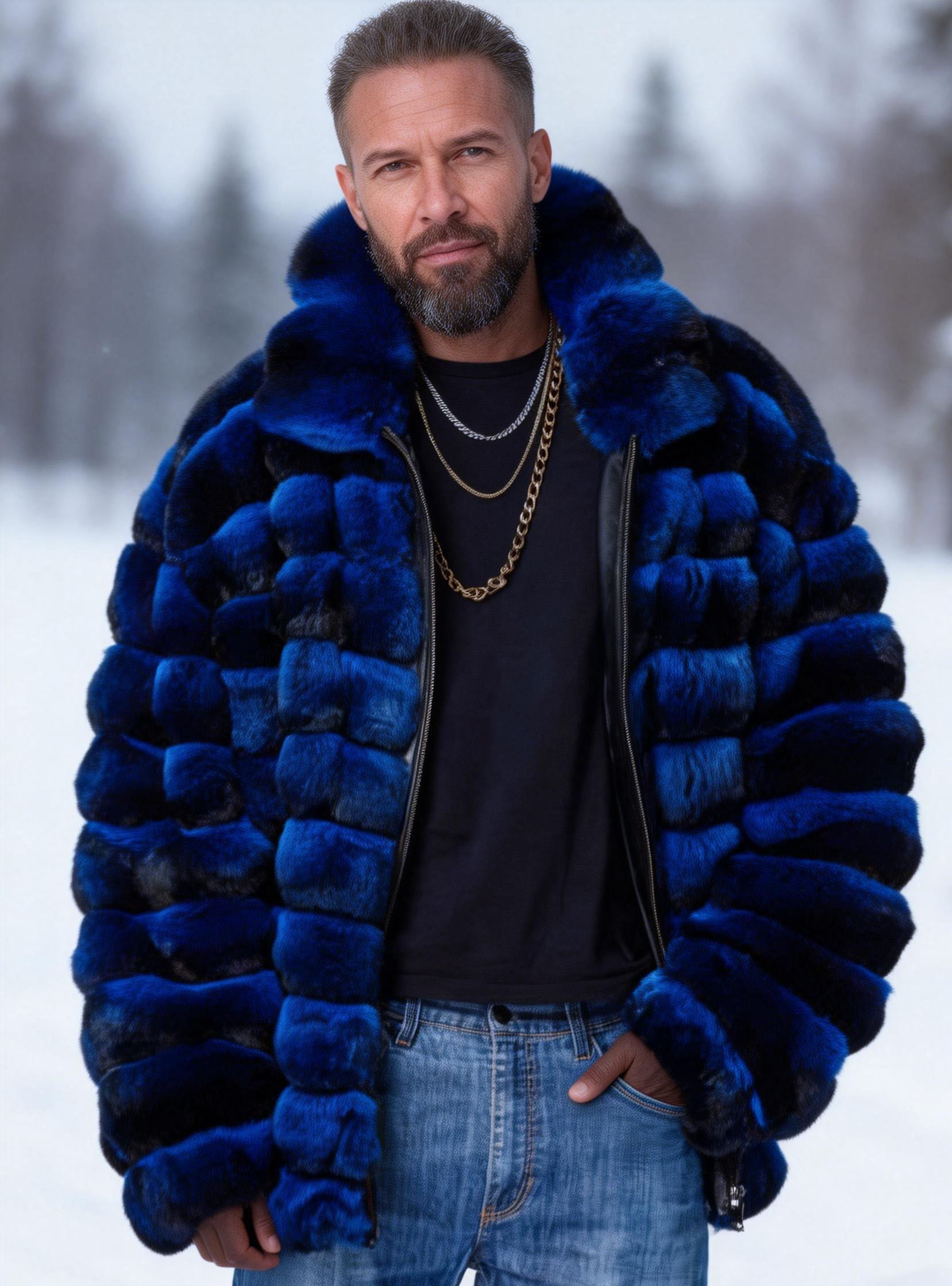 Men's Blue & Black Quilted Fox Fur Coat