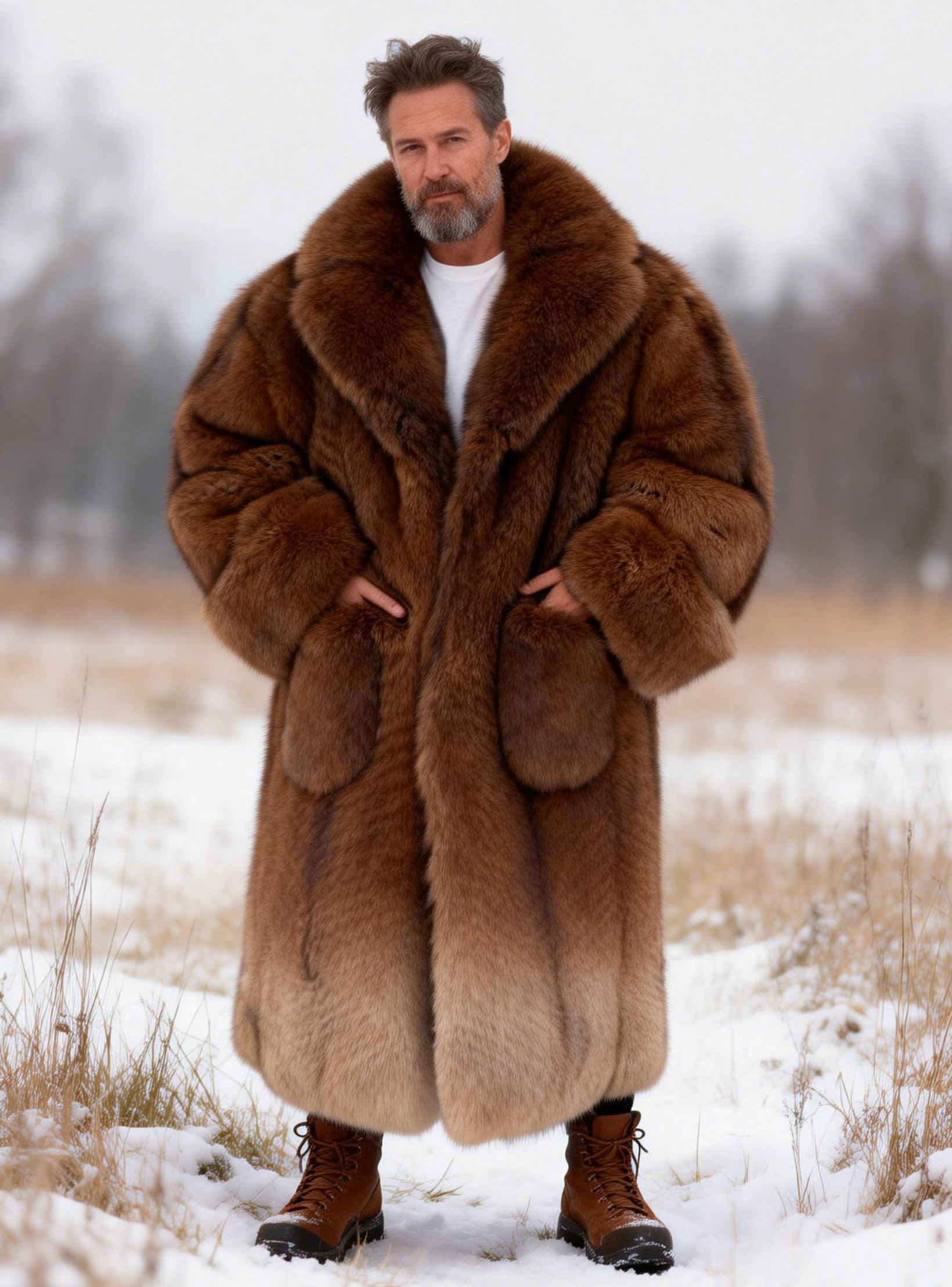 Men's Luxury Brown Gradient Fox Fur Long Coat