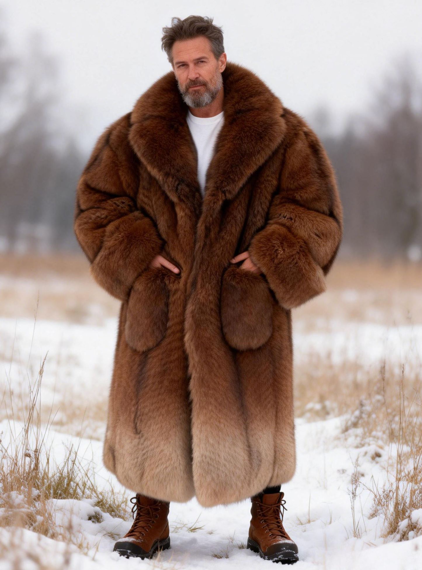Men's Luxury Brown Gradient Fox Fur Long Coat