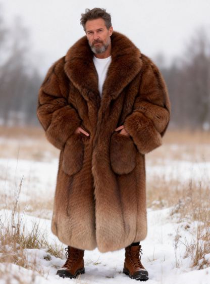 Men's Luxury Brown Gradient Fox Fur Long Coat