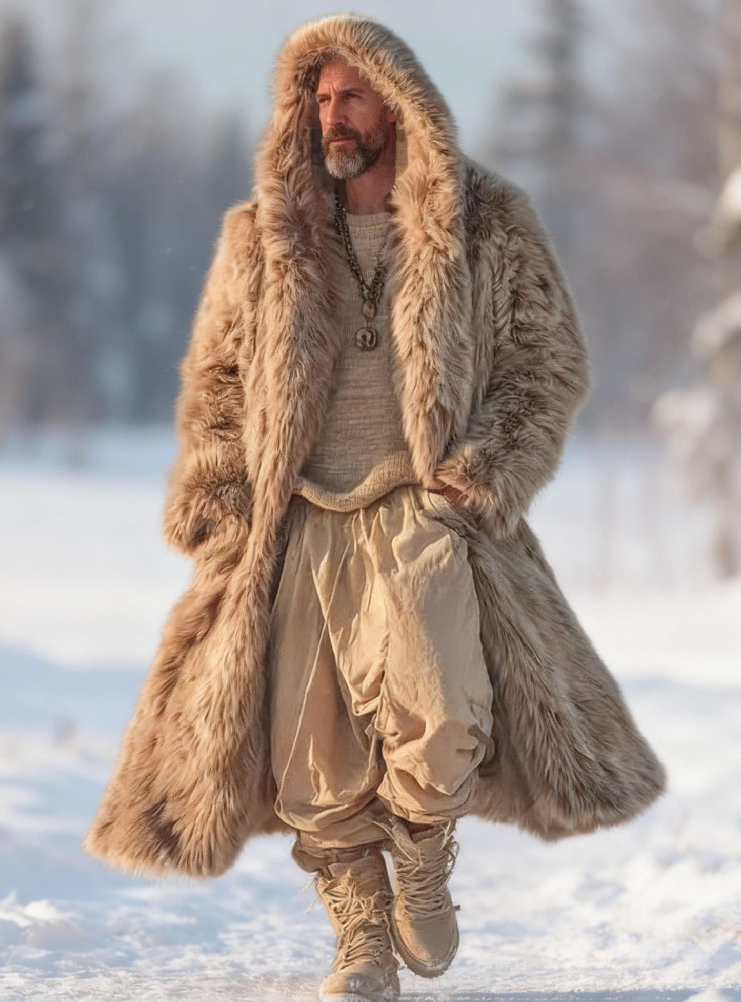 Men's Light Khaki Hooded Fox Fur Long Coat