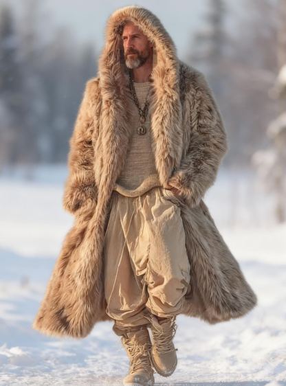 Men's Light Khaki Hooded Fox Fur Long Coat