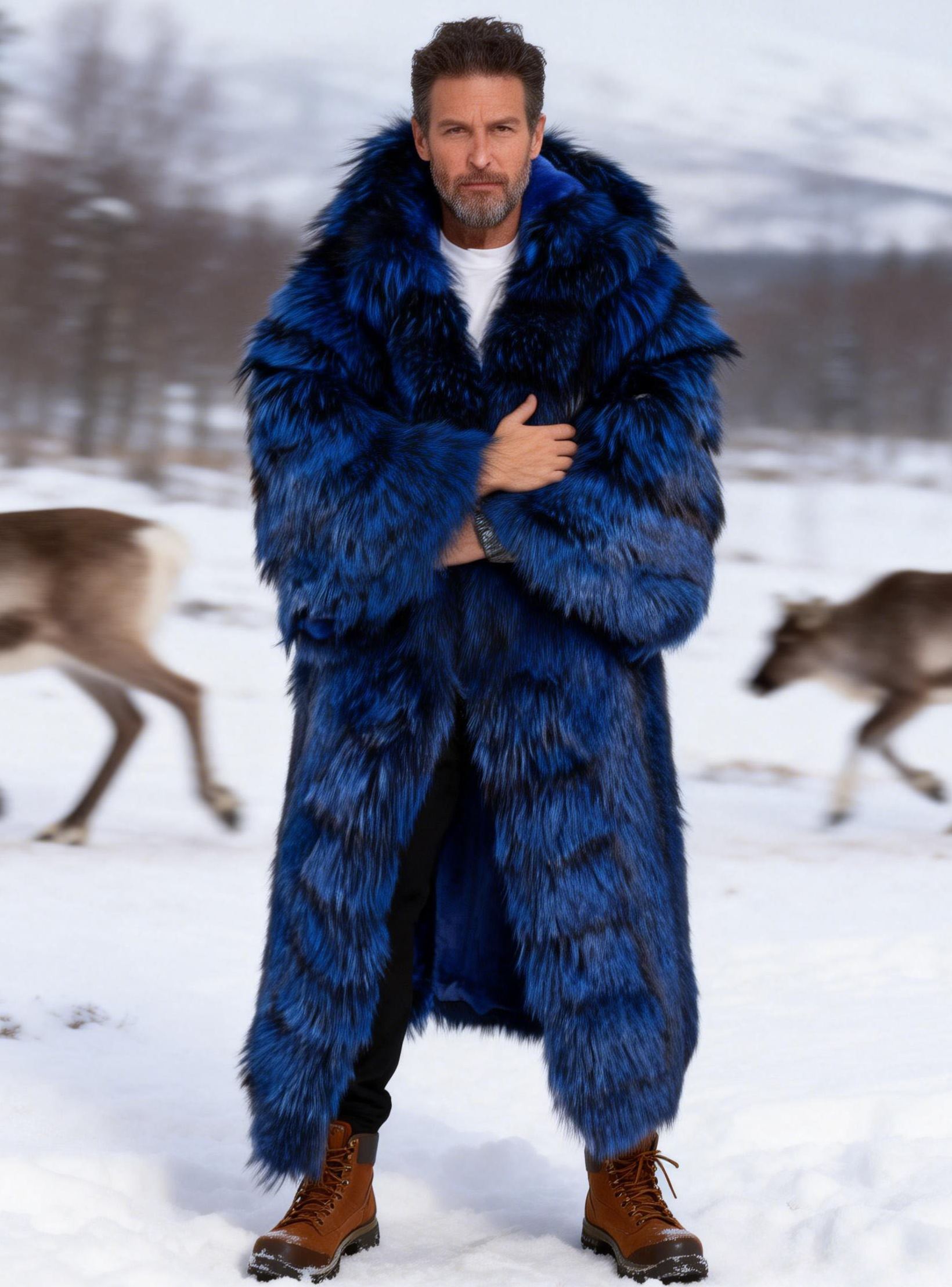 Men's Blue & Black Gradient Hooded Fox Fur Long Coat 