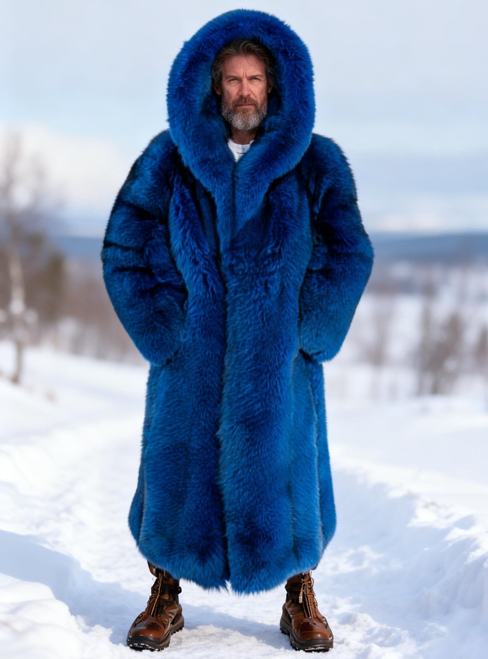 Men's Solid Blue Hooded Fox Fur Long Coat 