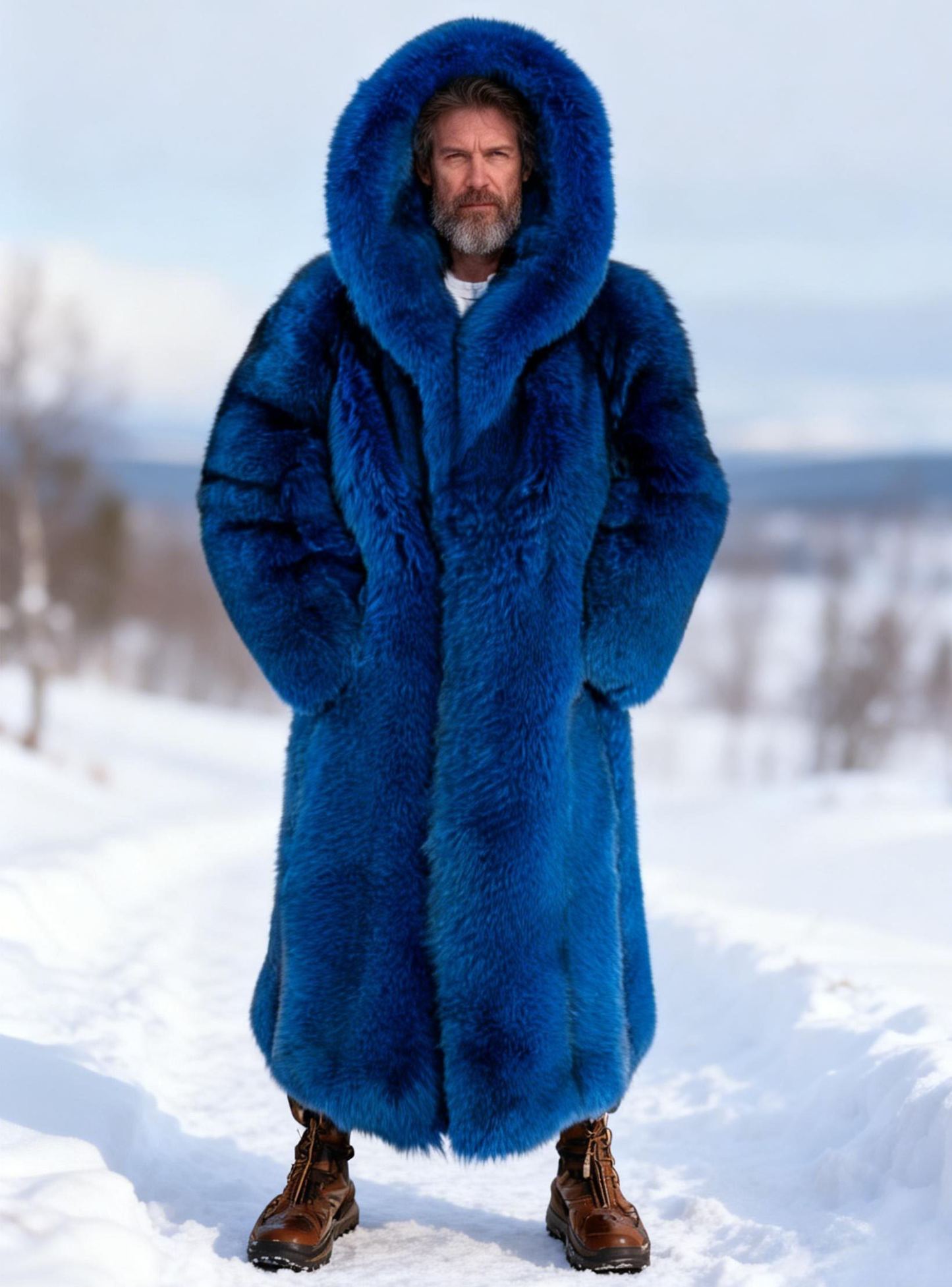 Men's Solid Blue Hooded Fox Fur Long Coat 