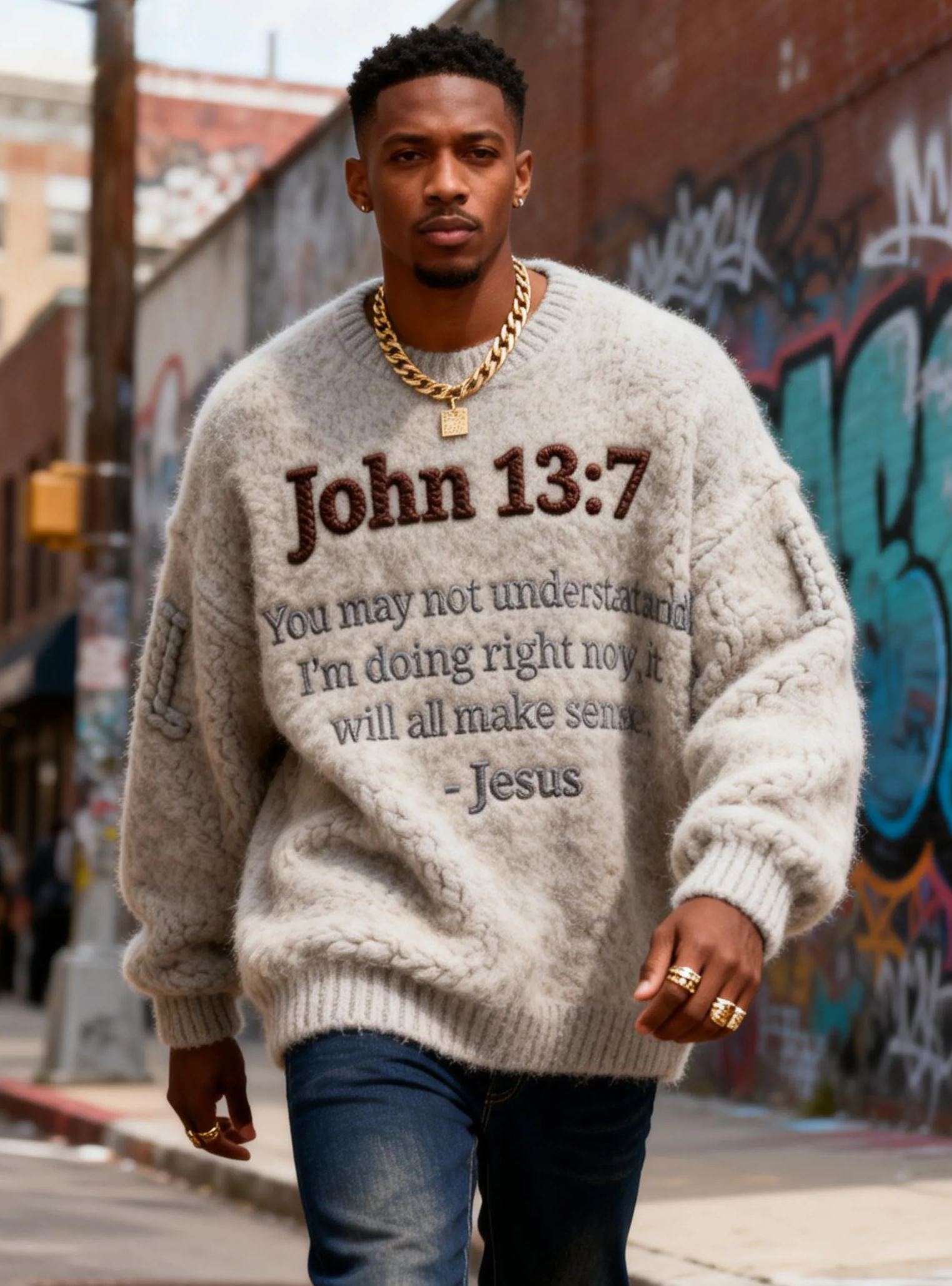Men's John 13:7 Bible Verse Oversized Fuzzy Knit Streetwear Sweater