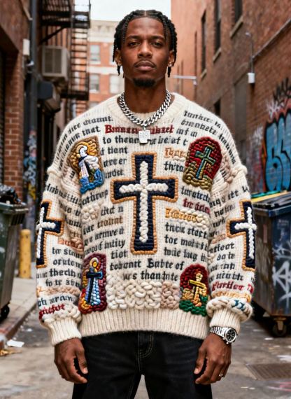 Men's Vintage Religious Cross & Scripture Embroidered Oversized Chunky Knit Sweater
