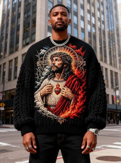 Men's Sacred Heart of Jesus Thorn Crown Oversized Chunky Knit Sweater