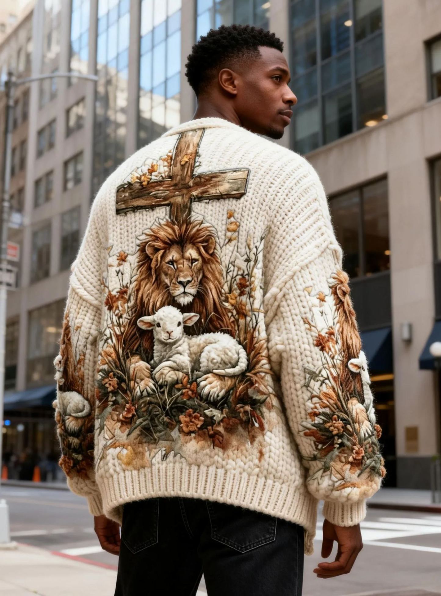 Men's Biblical Lion & Lamb Cross Back Embroidered Oversized Fuzzy Knit Sweater
