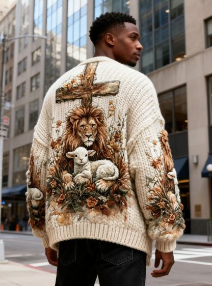 Men's Biblical Lion & Lamb Cross Back Embroidered Oversized Fuzzy Knit Sweater
