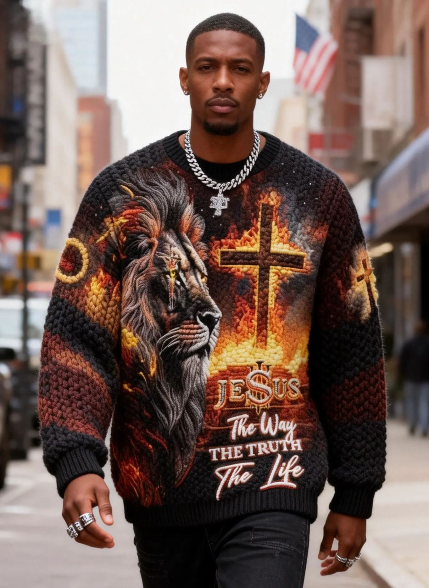Men's Lion of Judah Cross "Jesus The Way" Oversized Fire Chunky Knit Sweater