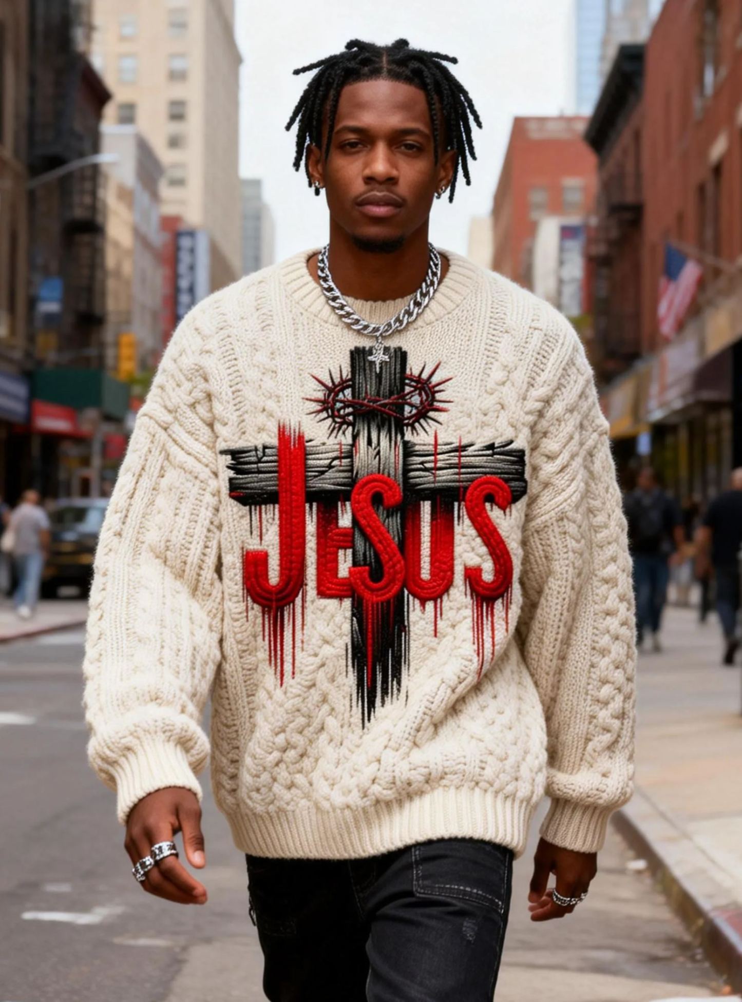Men's Thorn Crown Cross JESUS Drip Design Oversized Chunky Knit Sweater