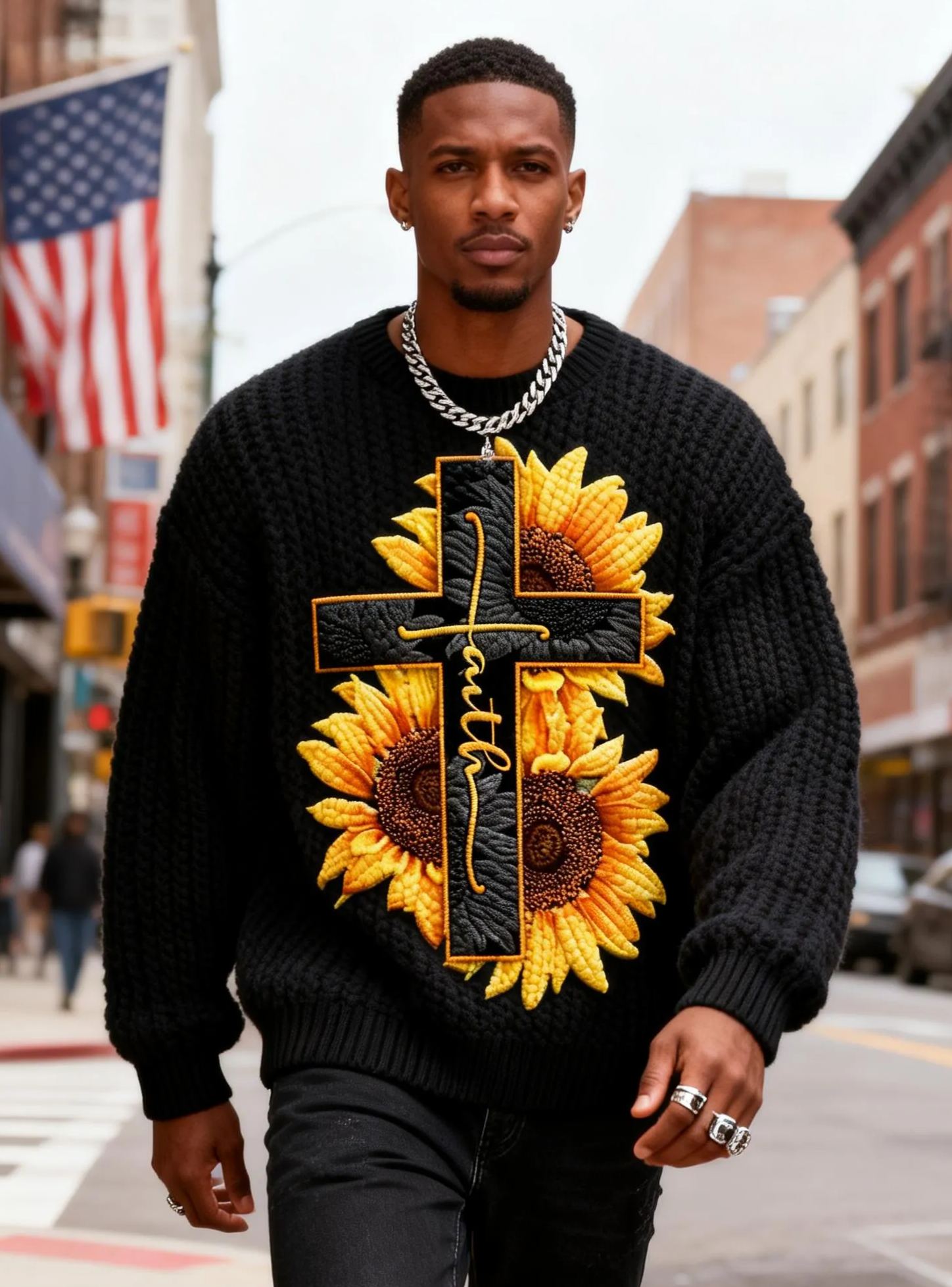 Men's Sunflower & Faith Cross Embroidered Oversized Chunky Knit Sweater
