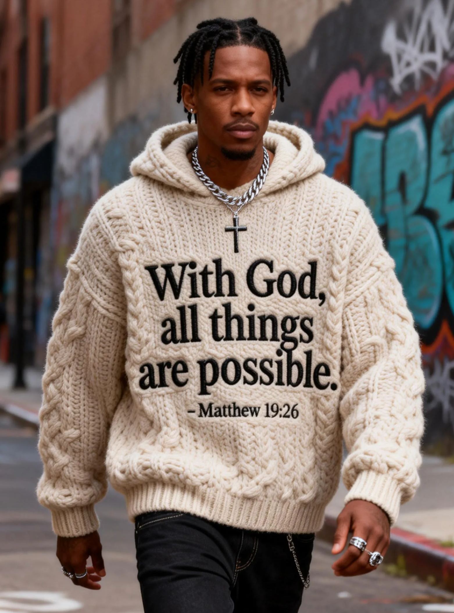 Men's Matthew 19:26 "With God All Things Are Possible" Oversized Cable Knit Hoodie