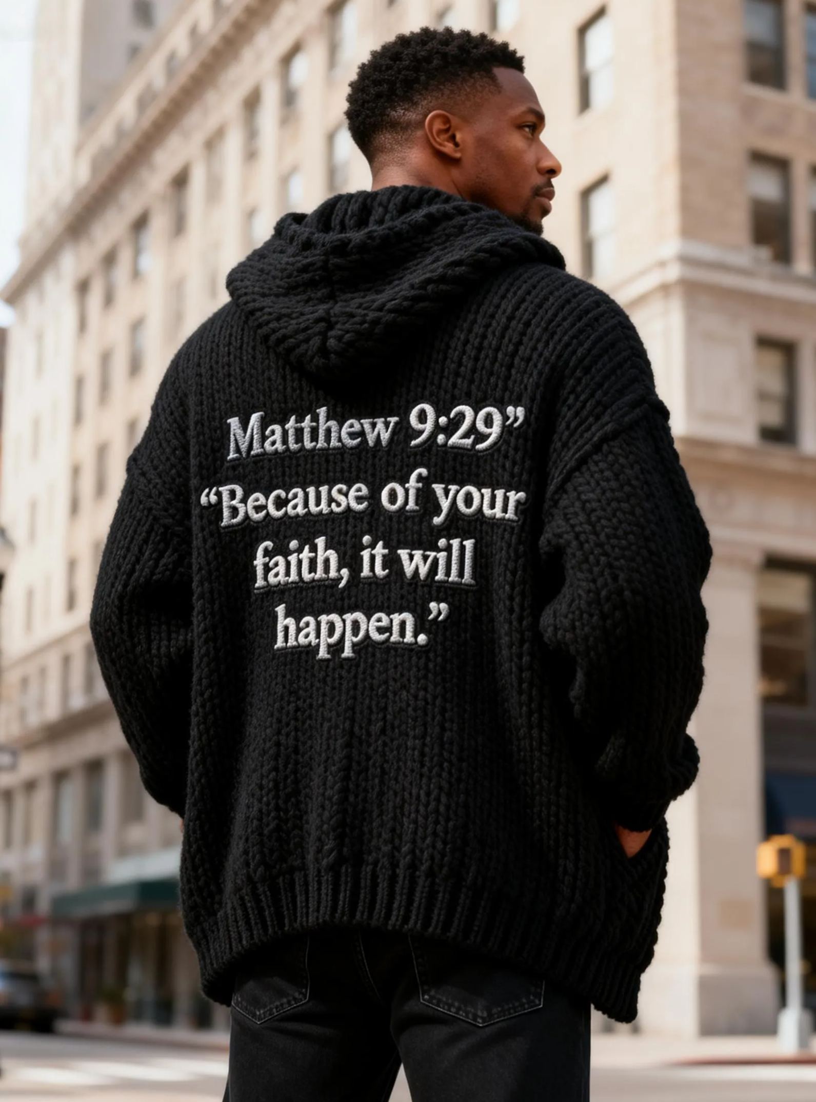 Men's Matthew 9:29 "Because Of Your Faith" Back Print Chunky Knit Sweater Cardigan