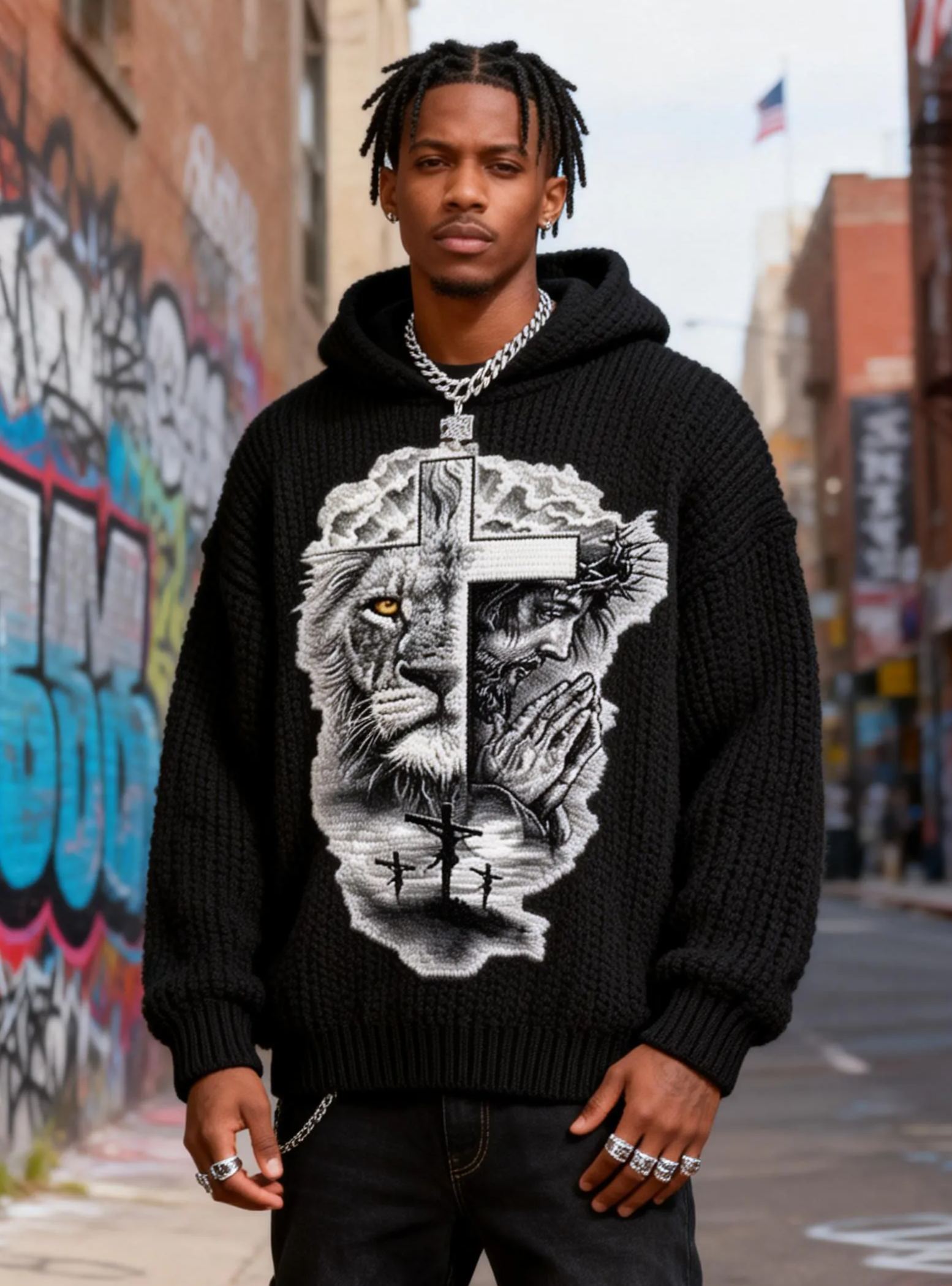 Men's Lion & Jesus Prayer Cross Two-Tone Oversized Chunky Knit Hoodie