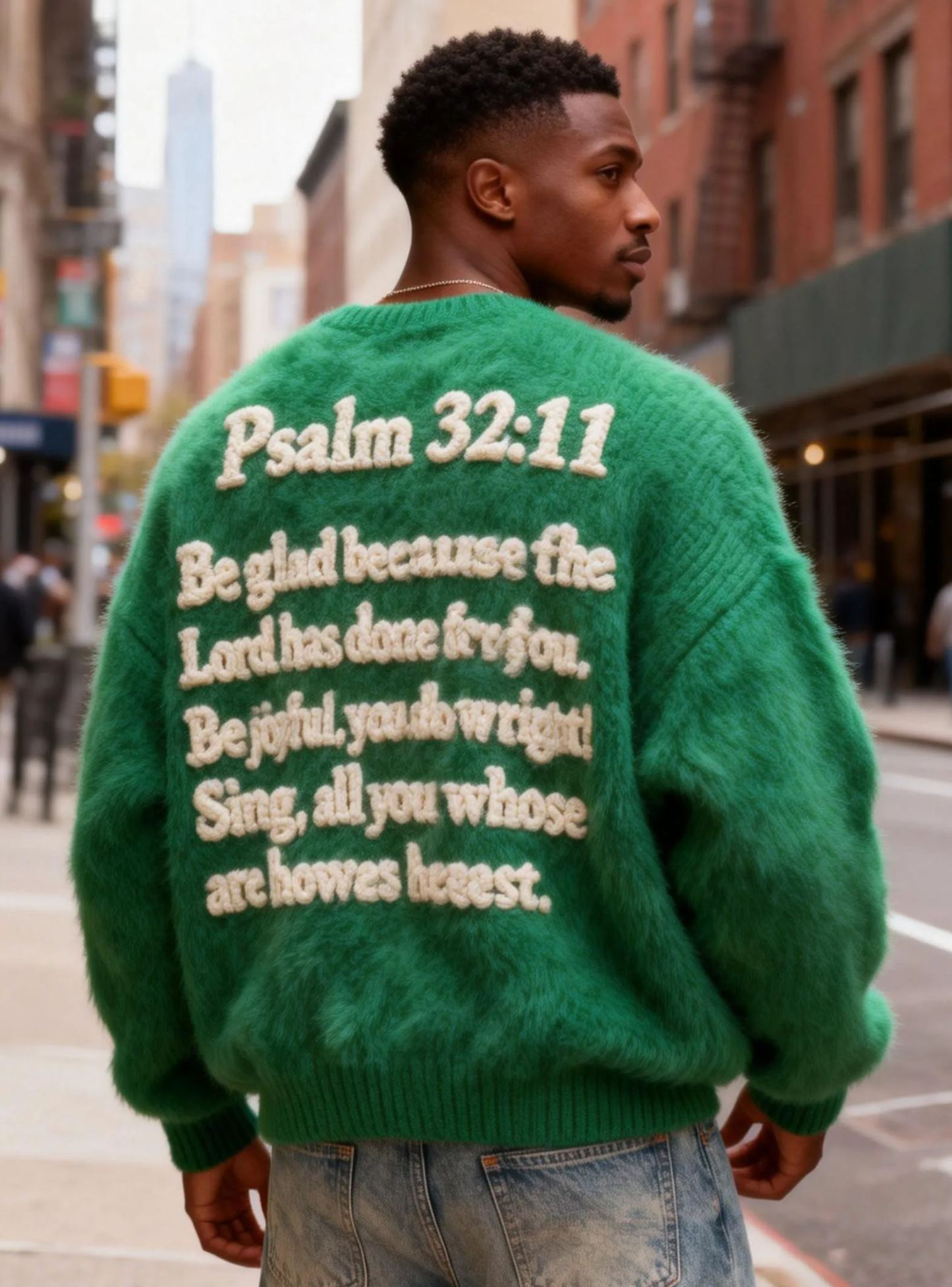 Men's Psalm 32:11 Verse Back Print Oversized Green Fuzzy Knit Sweater