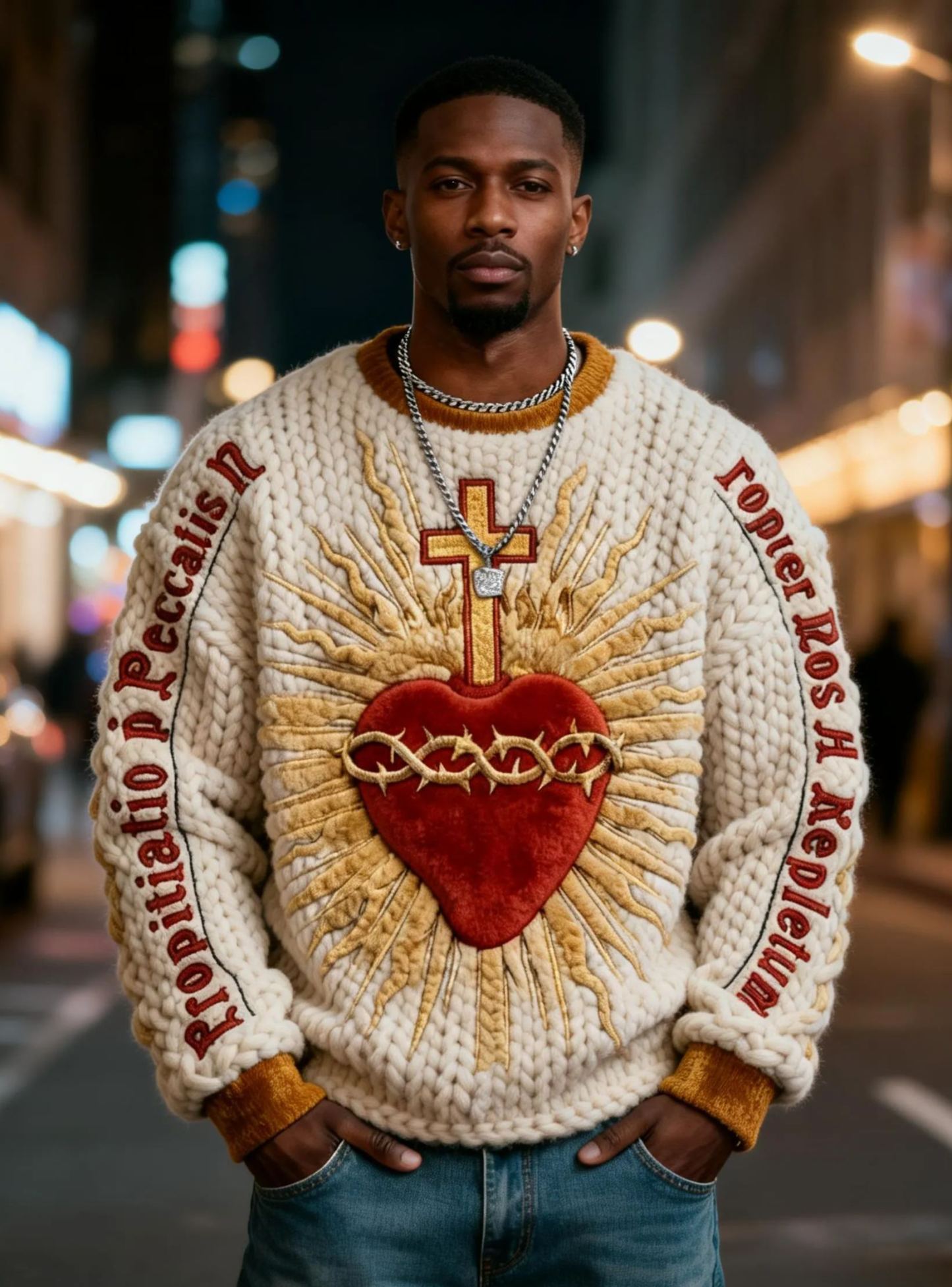 Men's Sacred Heart Cross Sunburst Embroidered Oversized Chunky Knit Sweater