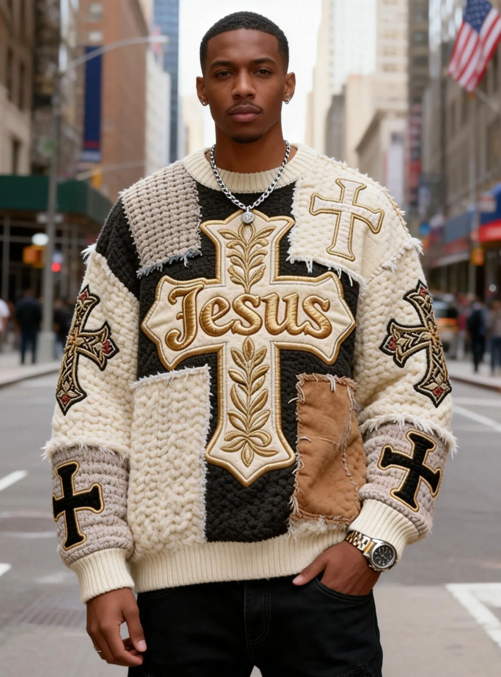 Men's Patchwork Distressed Cross "Jesus" Oversized Beige & Black Knit Sweater