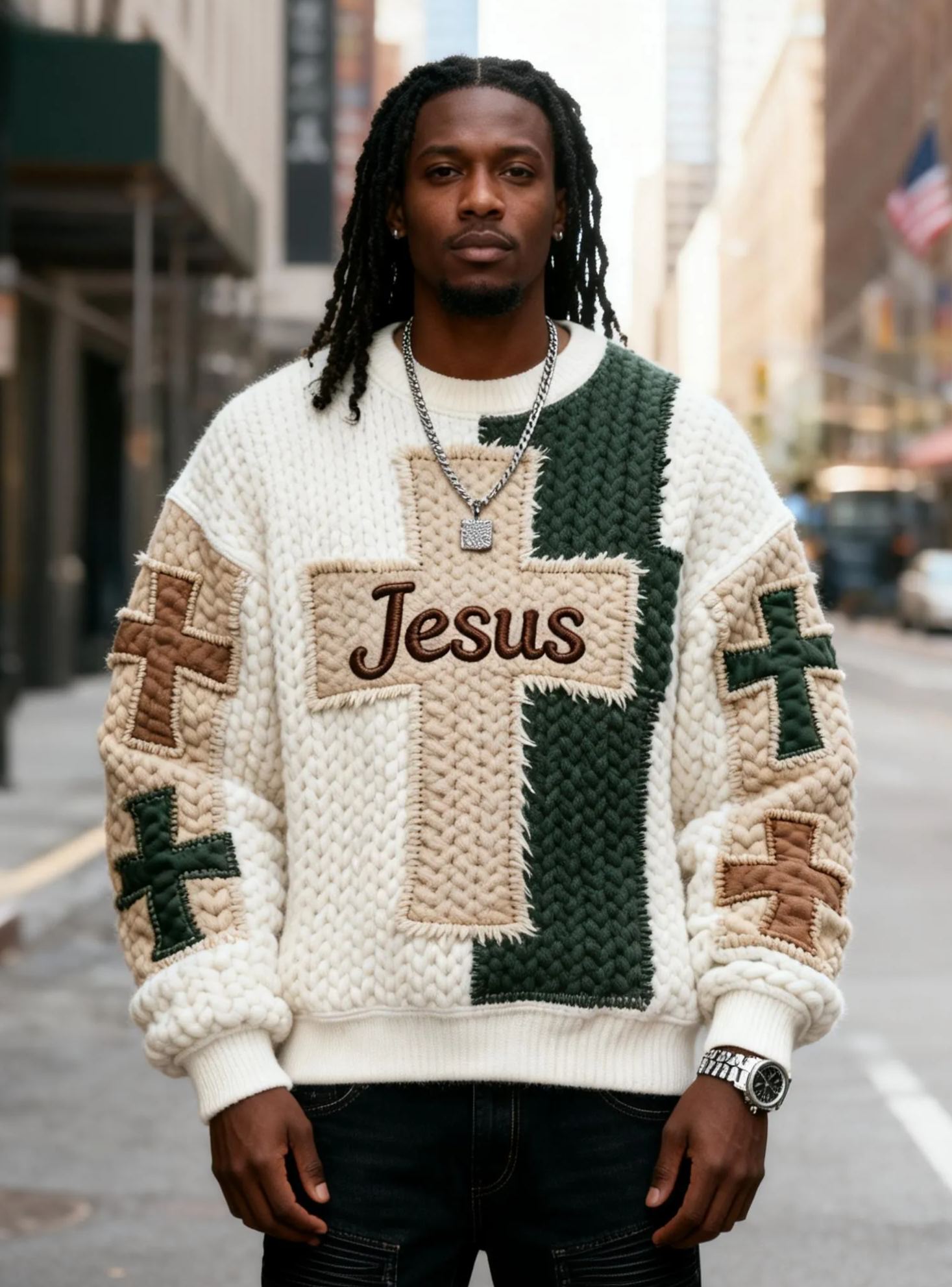 Men's Color Block Cross "Jesus" Embroidered Oversized Cream & Green Knit Sweater