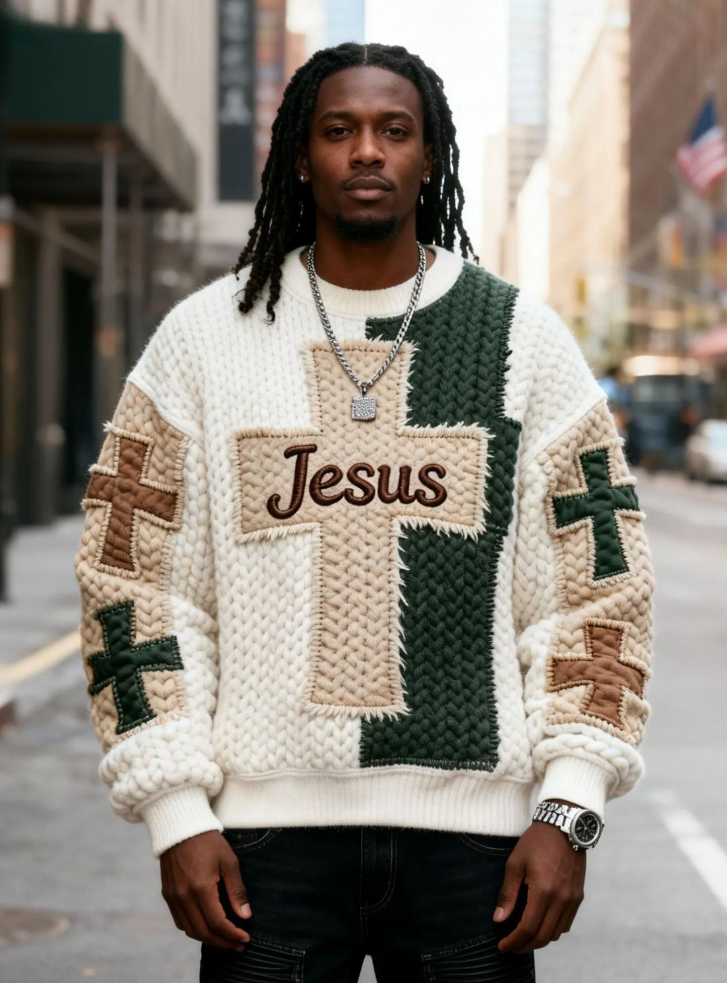 Men's Color Block Cross "Jesus" Embroidered Oversized Cream & Green Knit Sweater