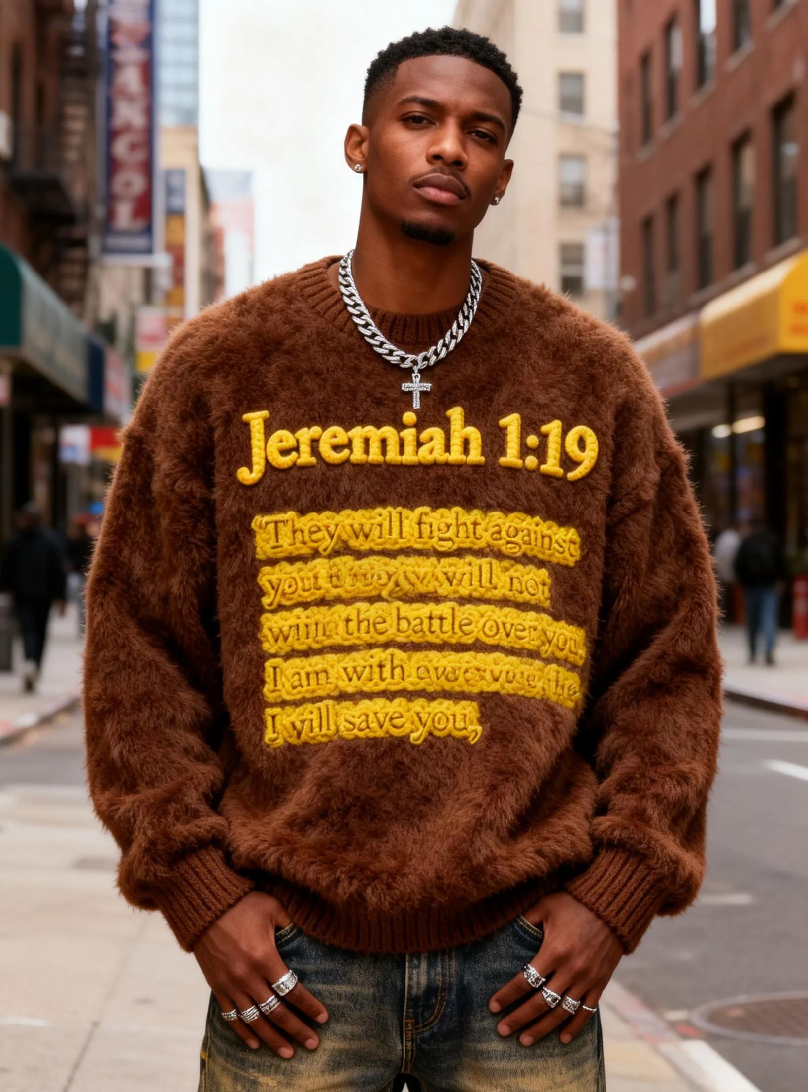 Men's Jeremiah 1:19 Verse Yellow Embroidered Oversized Fuzzy Knit Sweater