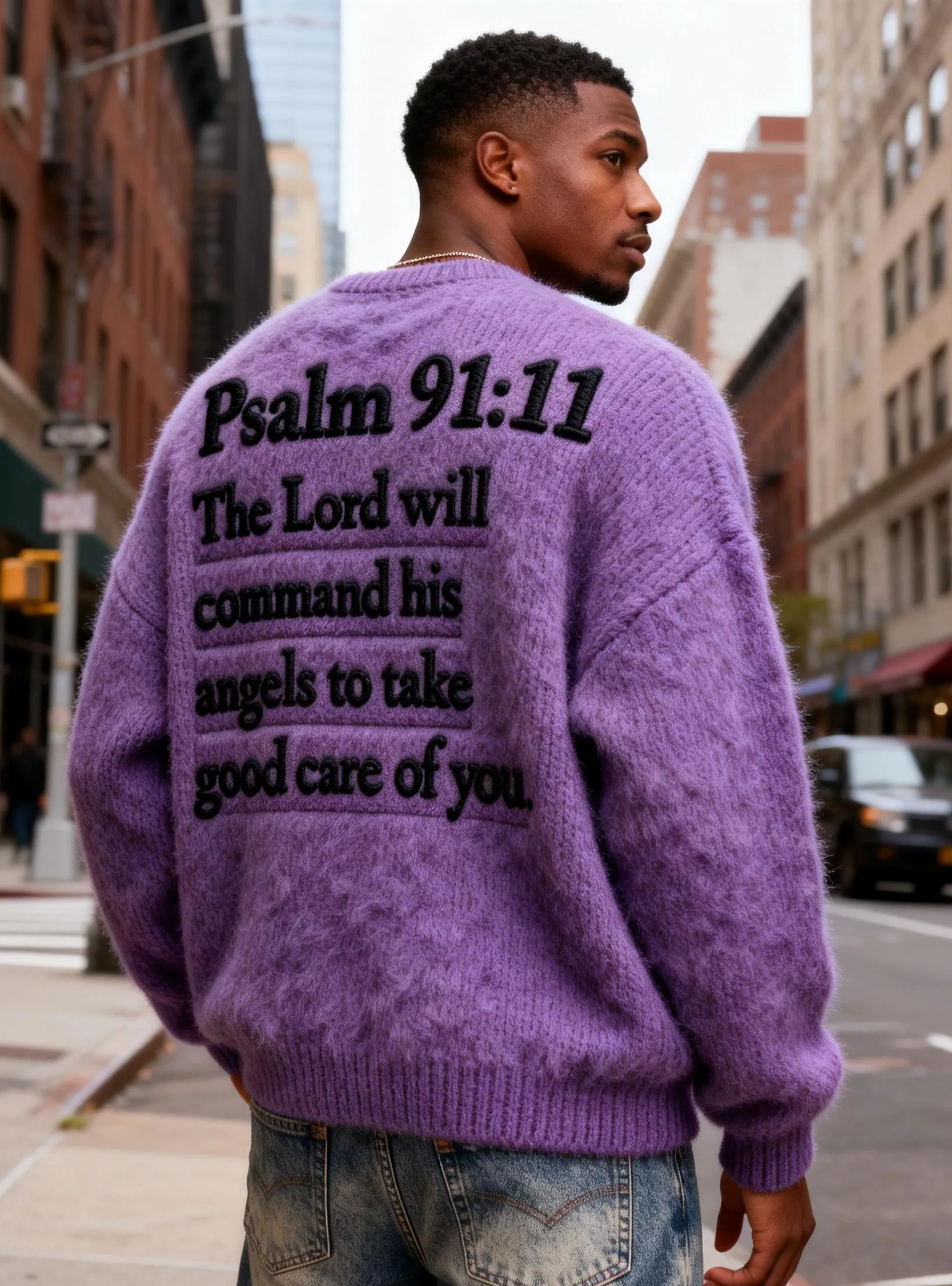 Men's Psalm 91:11 "Angels Care" Back Print Oversized Fuzzy Knit Sweater