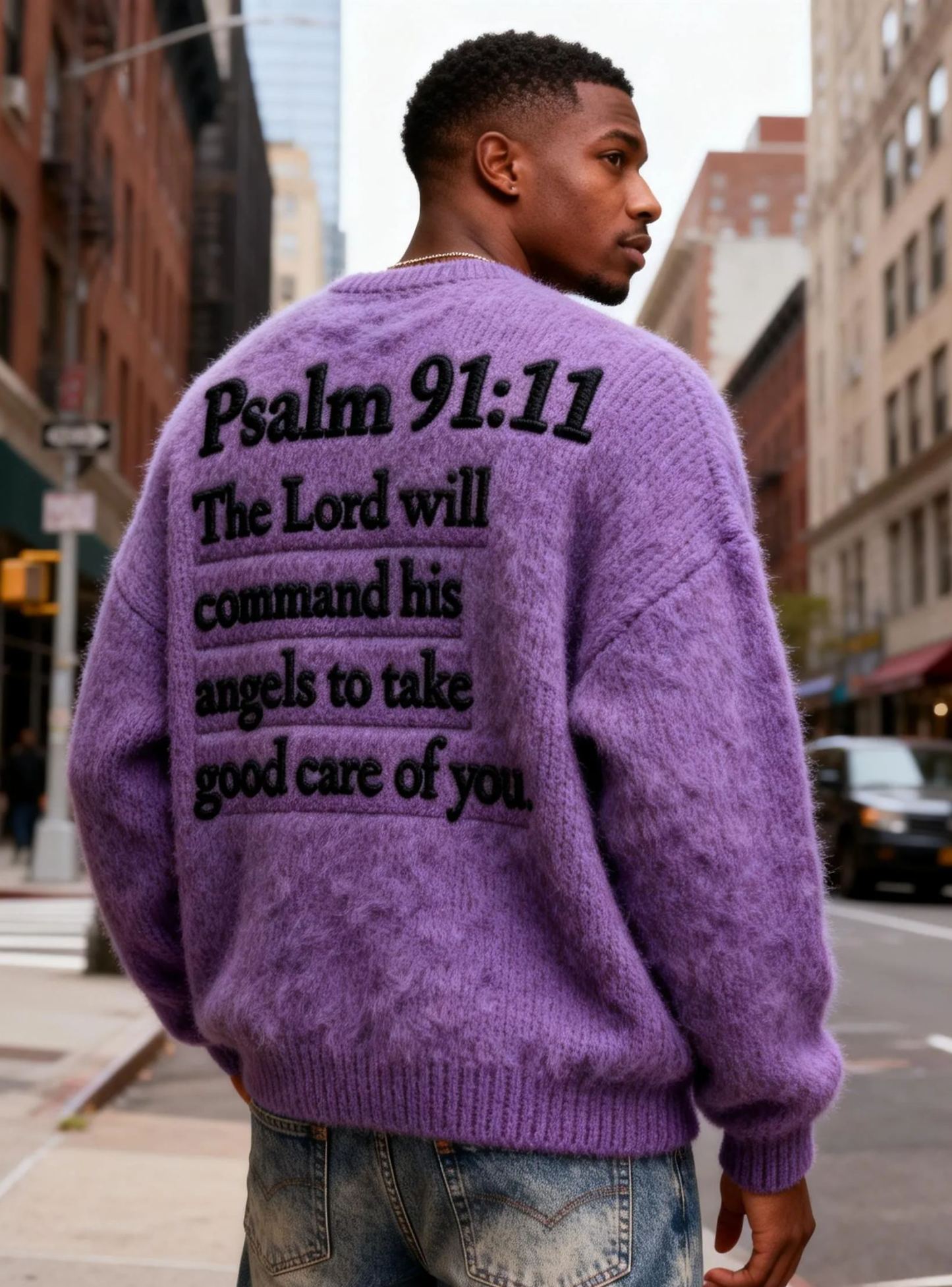 Men's Psalm 91:11 "Angels Care" Back Print Oversized Fuzzy Knit Sweater