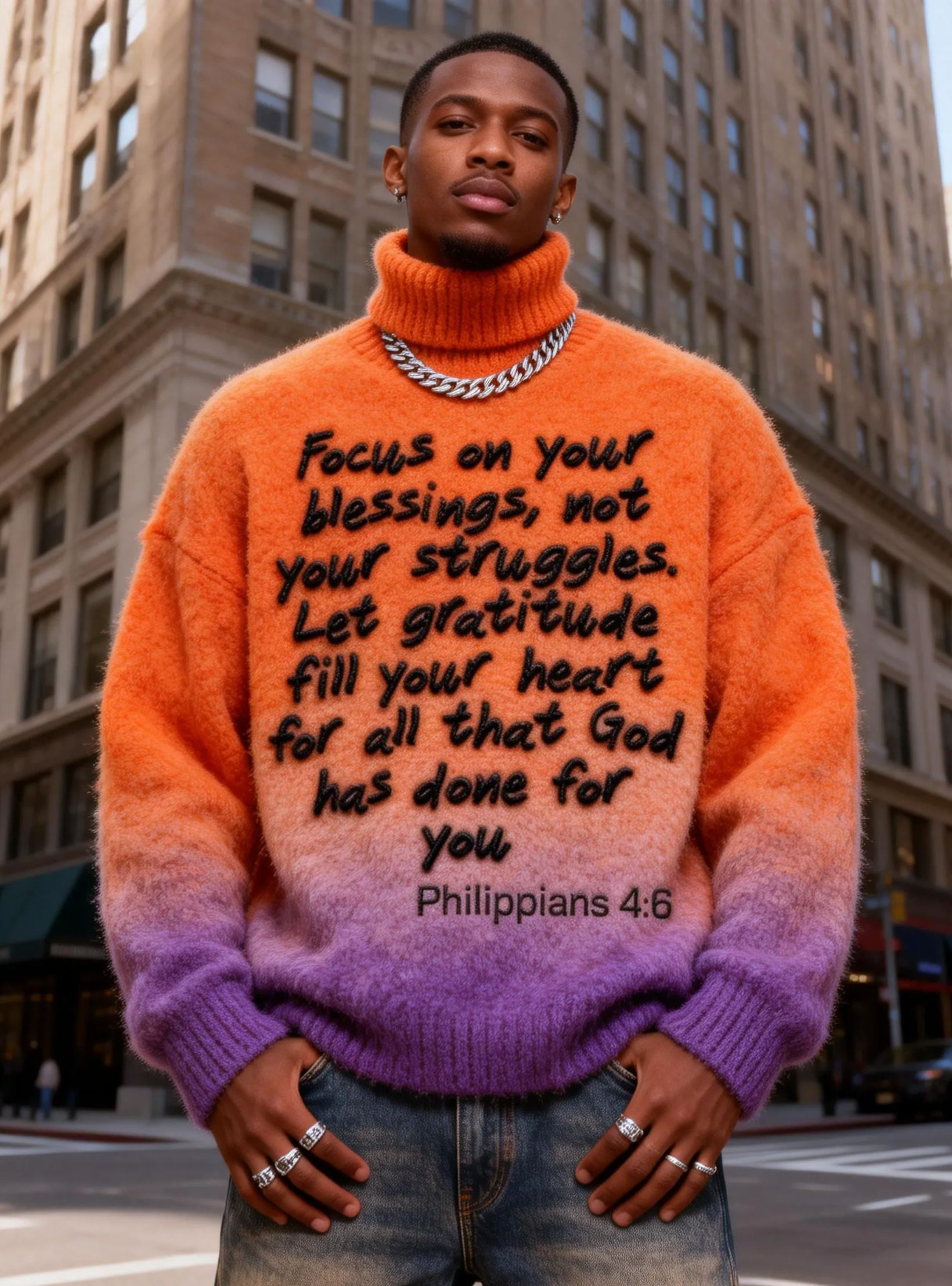 Men's Bible Verse Philippians 4:6 Gradient Turtleneck Sweater