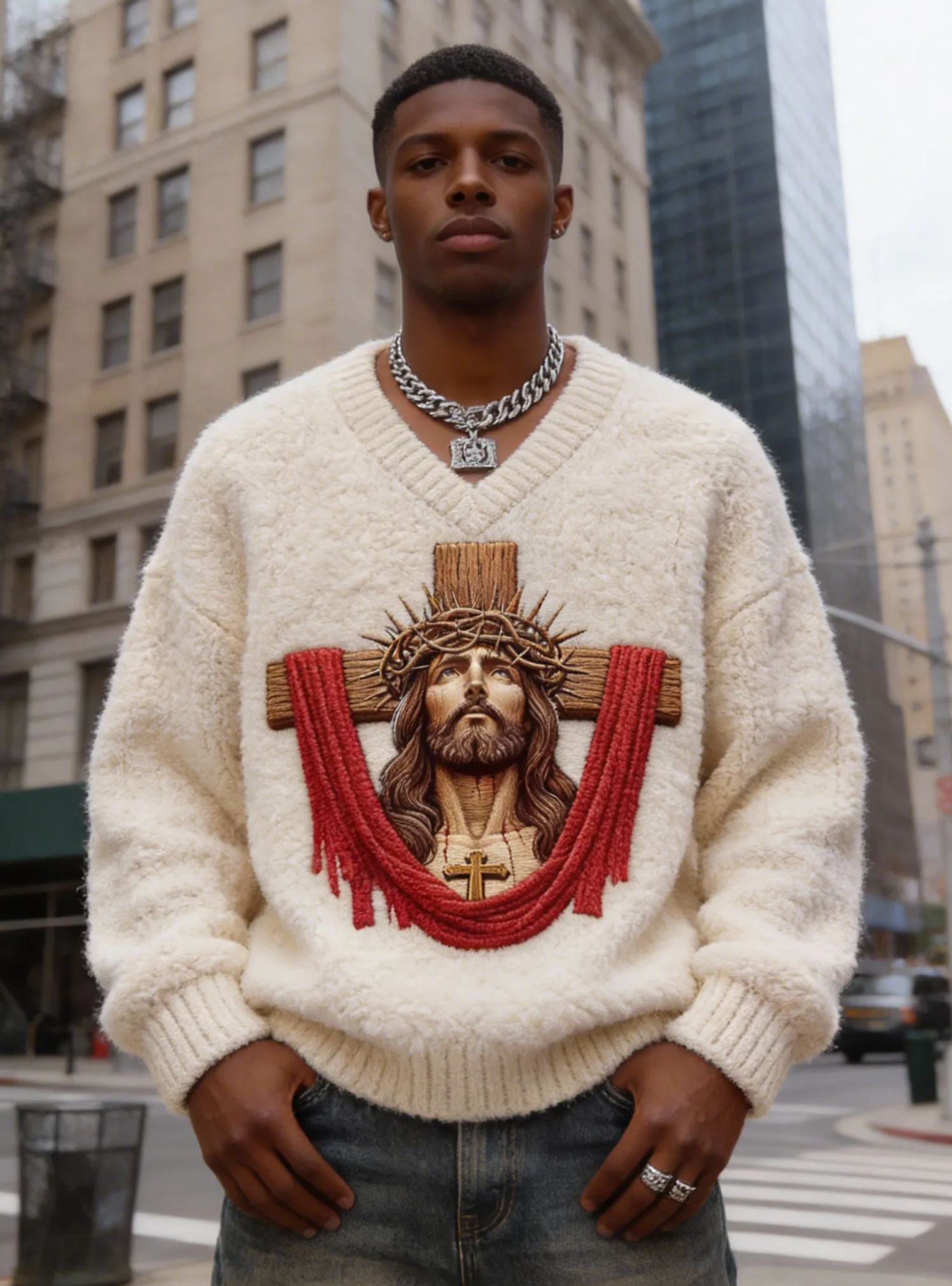 Men's Jesus Cross 3D Embroidered Religious V-Neck Fuzzy Knit Sweater