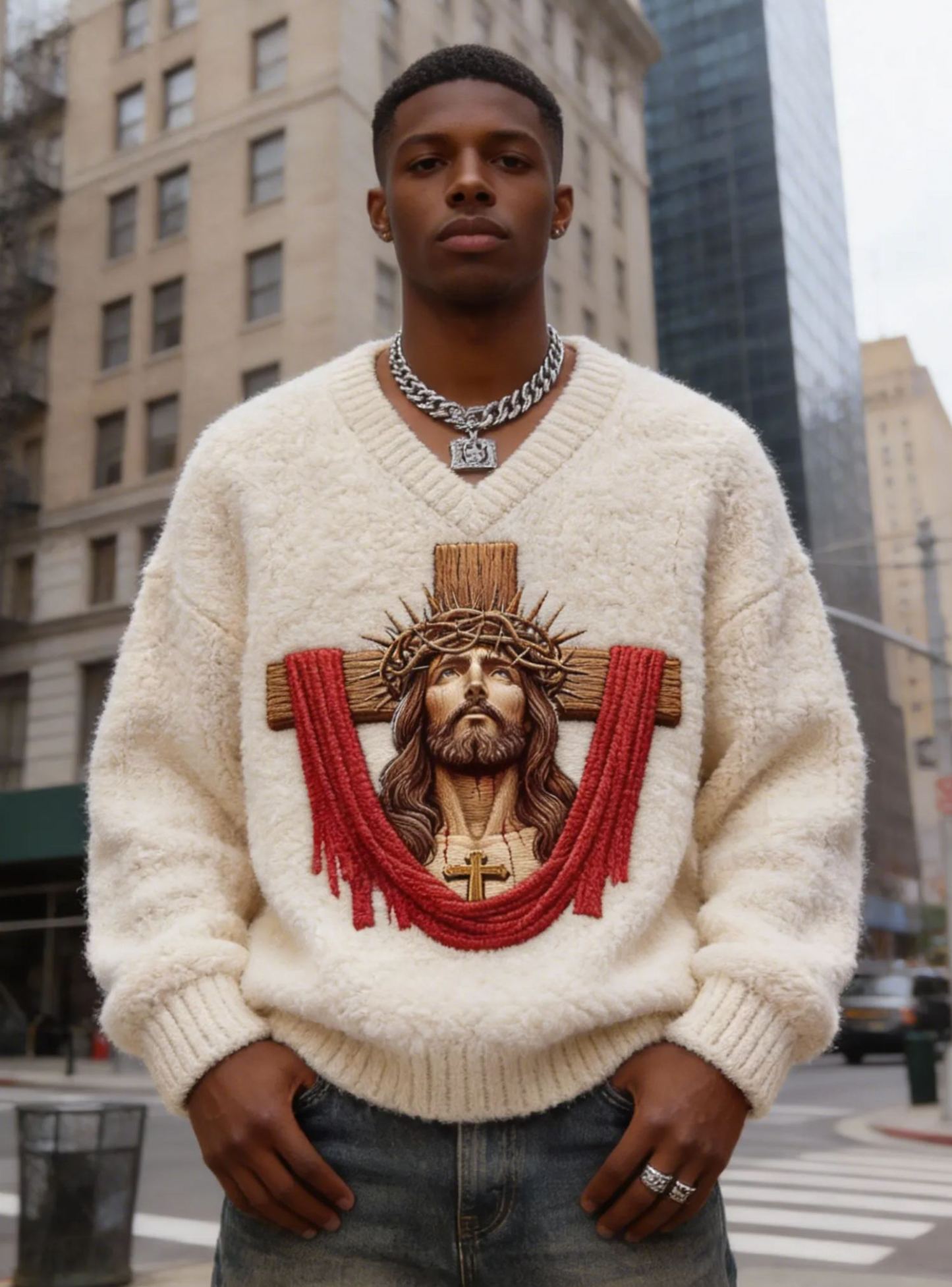 Men's Jesus Cross 3D Embroidered Religious V-Neck Fuzzy Knit Sweater