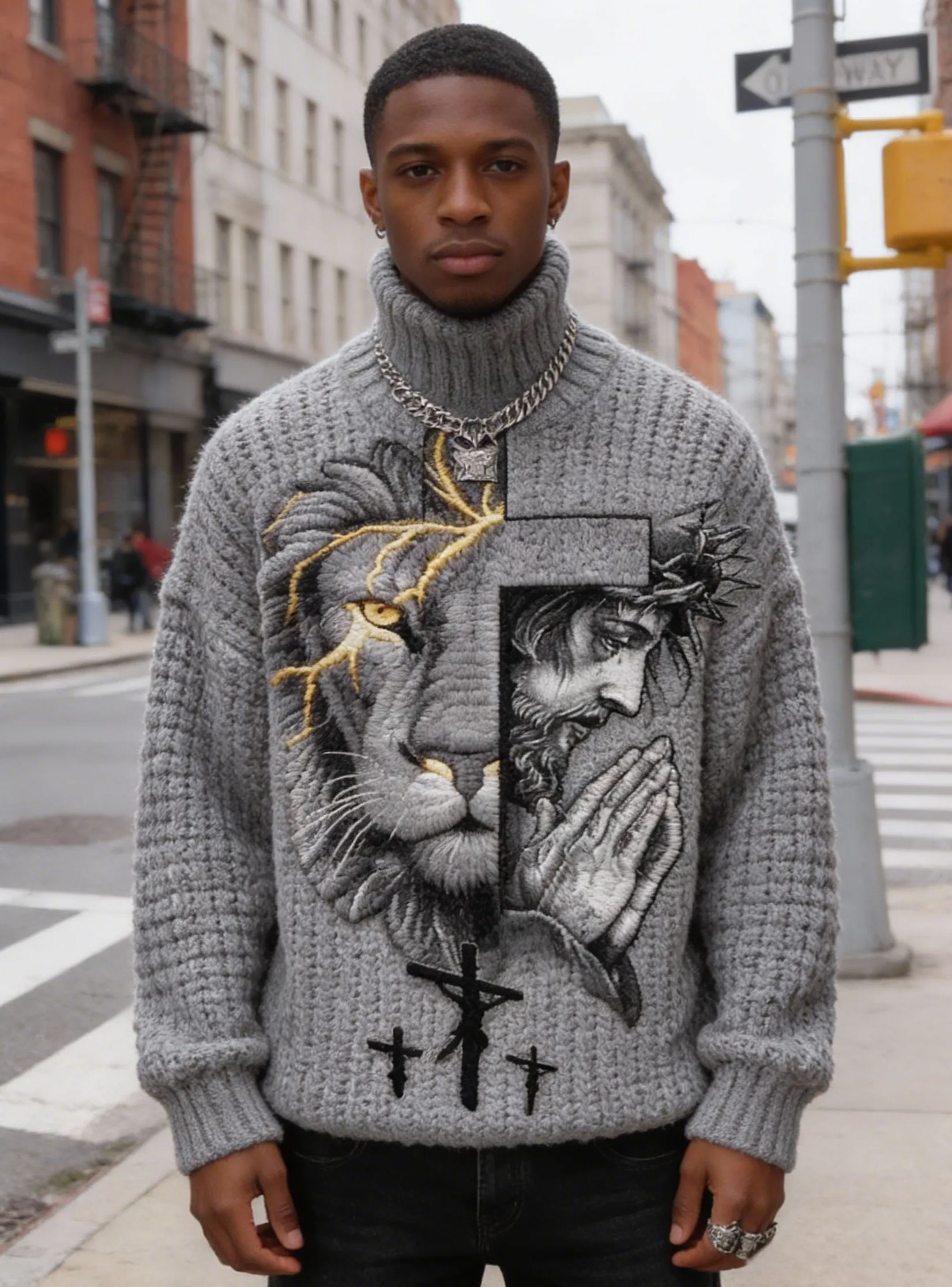 Men's Lion & Praying Jesus Dual Embroidered Turtleneck Cable Knit Sweater