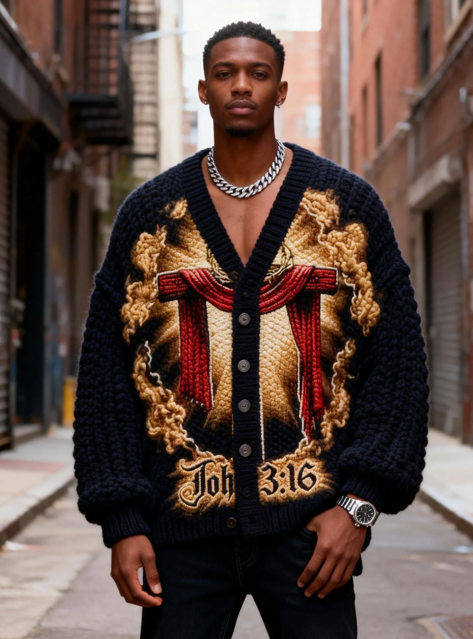 Men's John 3:16 Bible Verse & Gold Cross Embroidered Chunky Knit Cardigan